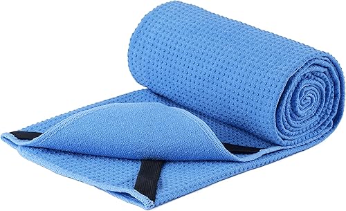 Toalla de microfibra para yoga caliente, 24 x 72 pulgadas, con agarre de silicona antideslizante, correas elásticas de ajuste seguro (azul)
