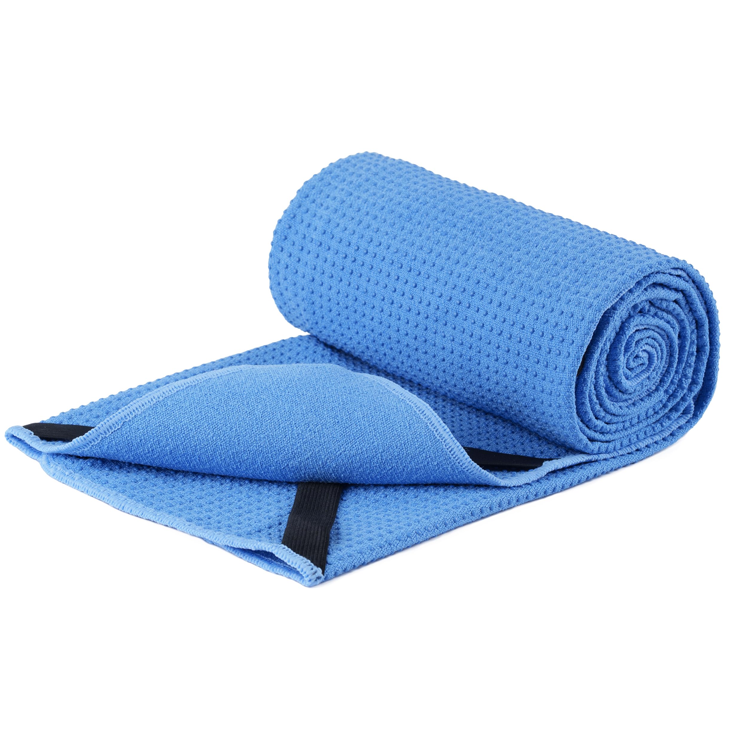 Microfiber Hot Yoga Towel Mat 24 x 72 inches with Non-Slip Silicone Grip Secure Fit Elastic Straps Blue