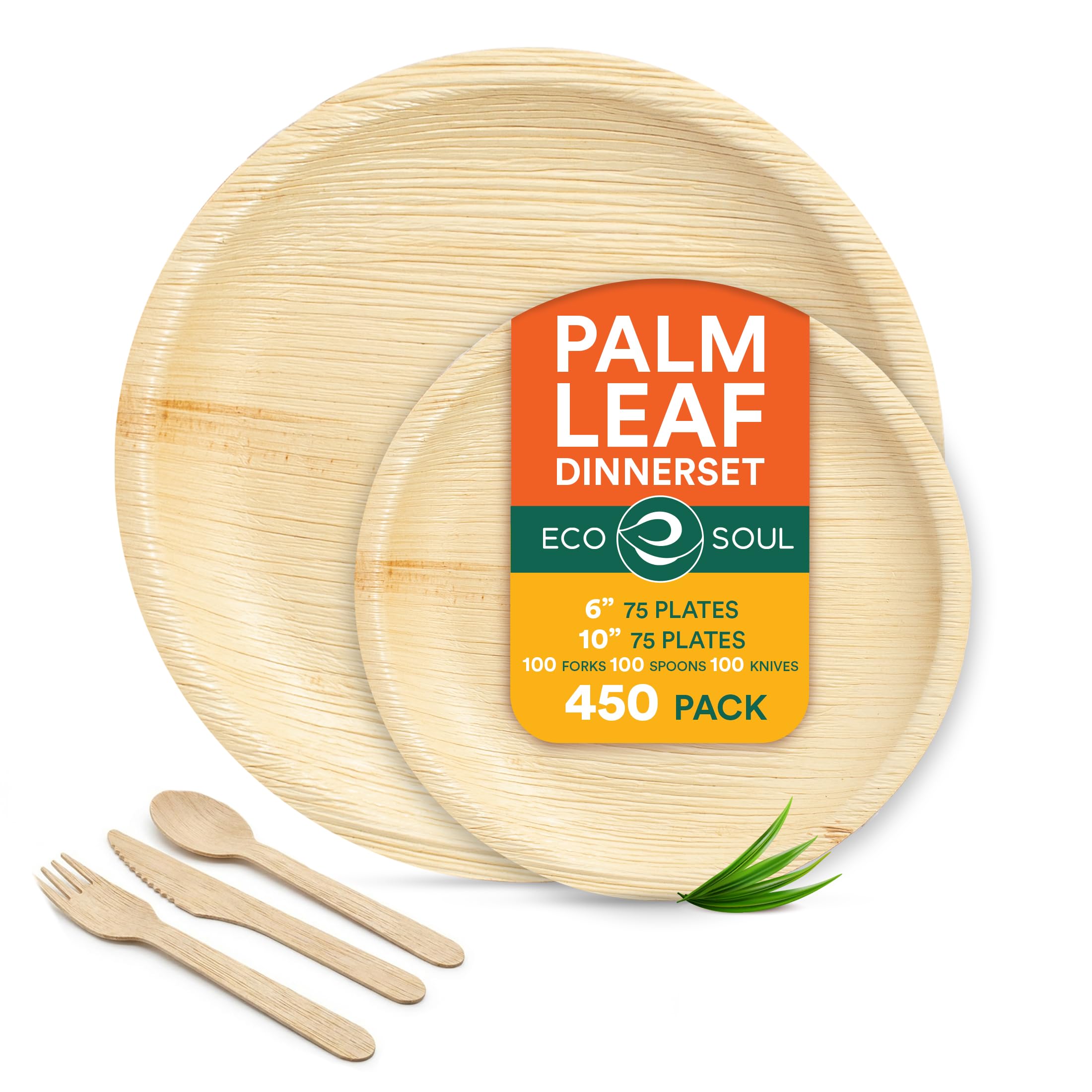 ECO SOUL 100% kompostierbares Palmblatt-Geschirrset – Runde Teller 10″ & 6″ (je 50 Stück) inkl. Gabel, Messer & Löffel (je 50 Stück), nachhaltig & umweltfreundlich
