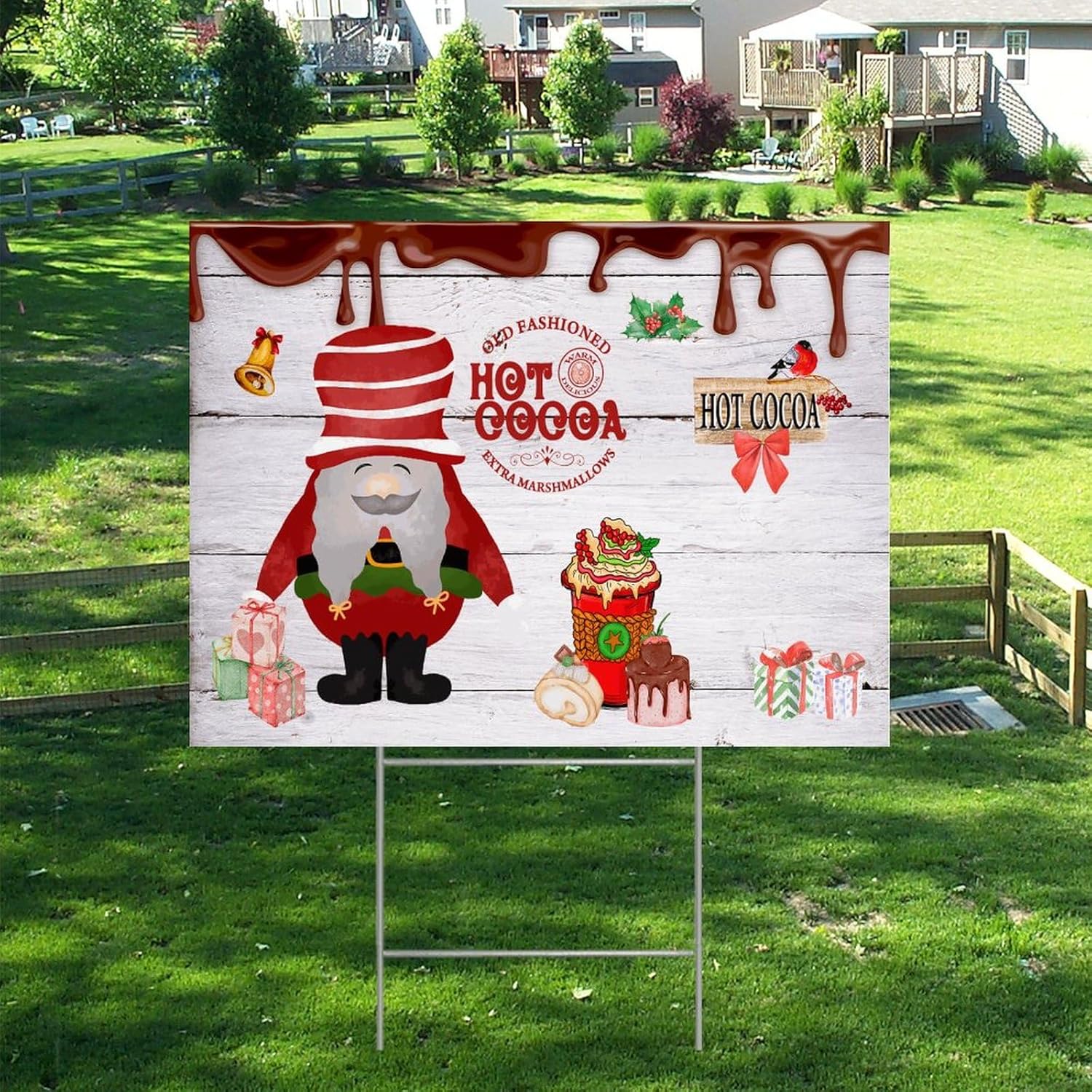 Farmhouse Christmas Party Decorative Yard Sign 18x24in Christmas Hot Cocoa Gnome Waterproof Corrugated Plastic Yard Sign with H-Stakes Decorations for Lawn Garden Yard Home Outdoor