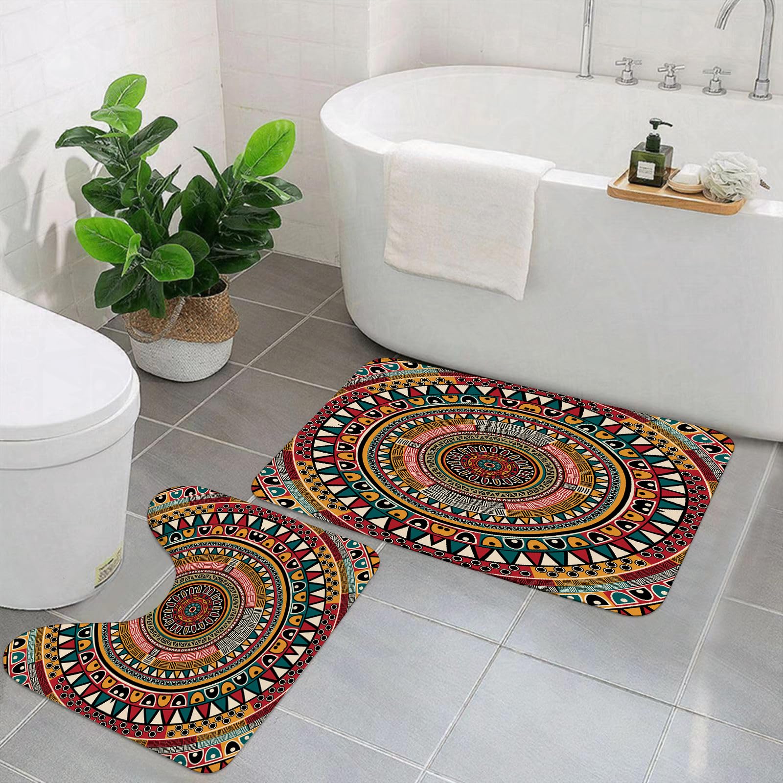 Set di 2 tappetini da Bagno, Lavabili in Lavatrice e Antiscivolo, in Morbida Fibra Superfine, con Decorazioni tribali, Motivo Rotondo Tribale Africano con Colori Etnici e Arte azte