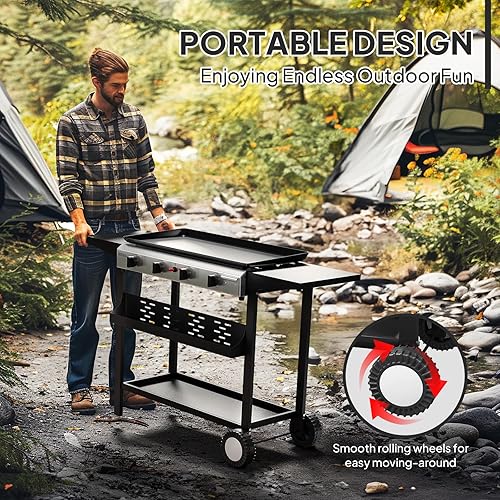 Miniatura 4 de Bonnlo Parrilla de propano portátil de 4 quemadores, parrilla de gas de 40,000 BTU con bandeja esmaltada, parrilla superior plana con encendido