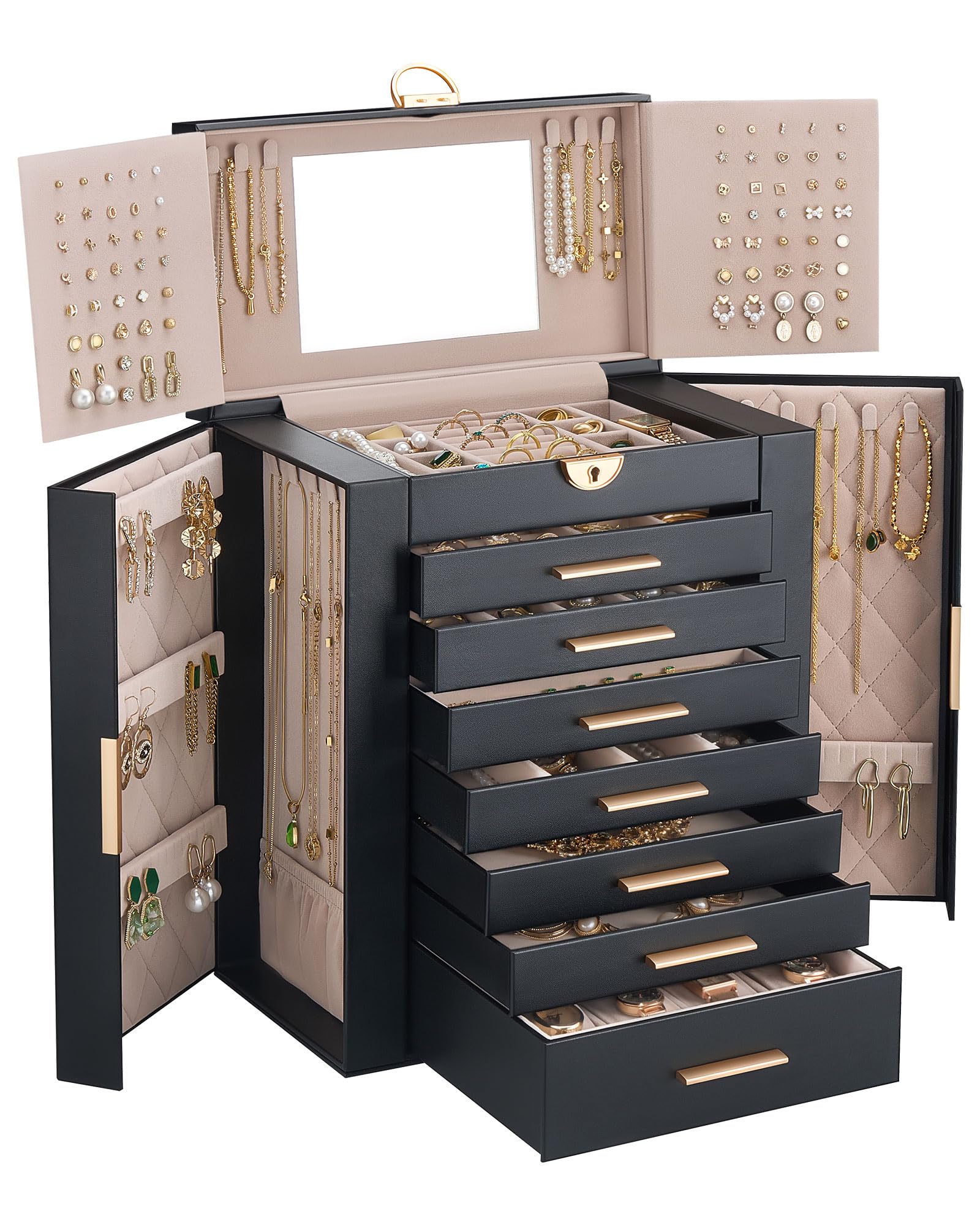 Lolalet Caja Organizadora de Joyas Grande 8 niveles con Espejo Negro | con Cerradura, para Anillos, Pendientes, Pulseras, Collares y Relojes. Ideal para Hogar y Regalos para Mujeres