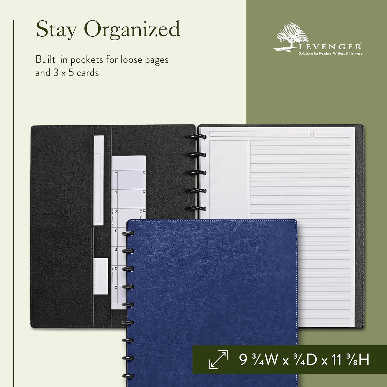 Levenger Circa Smooth Sliver Faux Leather Discbound Notebook Journal with Pockets, Royal Blue, Letter
