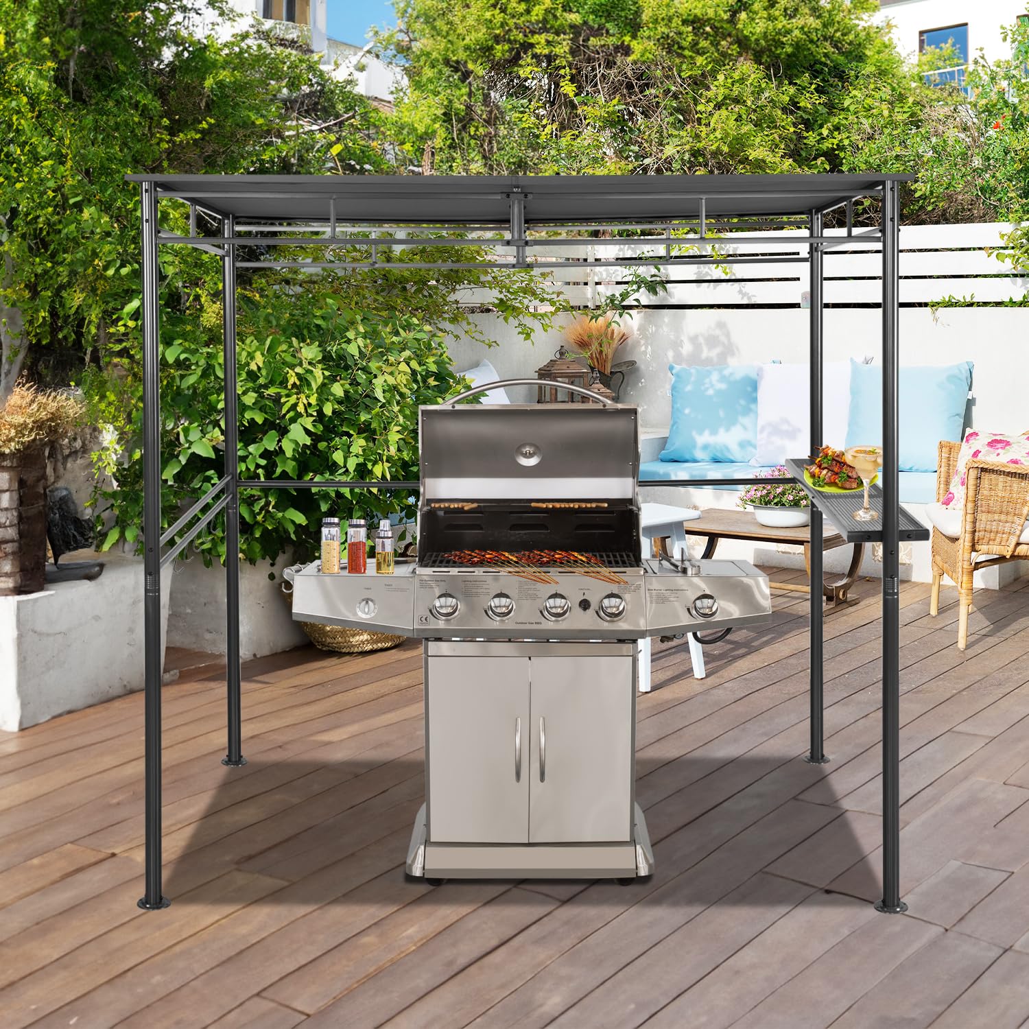 Angel Living Grillpavillon 218x150x215cm, Winddicht mit Seitenregalen Gartenpavillon Regalen Gartenlauben mit UV-Schutz, BBQ Pavillon aus Stahl, Gartenzelt Grillzelt für Party BBQ Grau