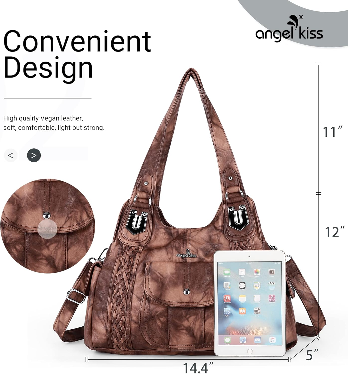 Angel Kiss Purses and Handbags for Women Washed Vegan Leather Crossbody Hobo Satchel Shoulder Tote Purse