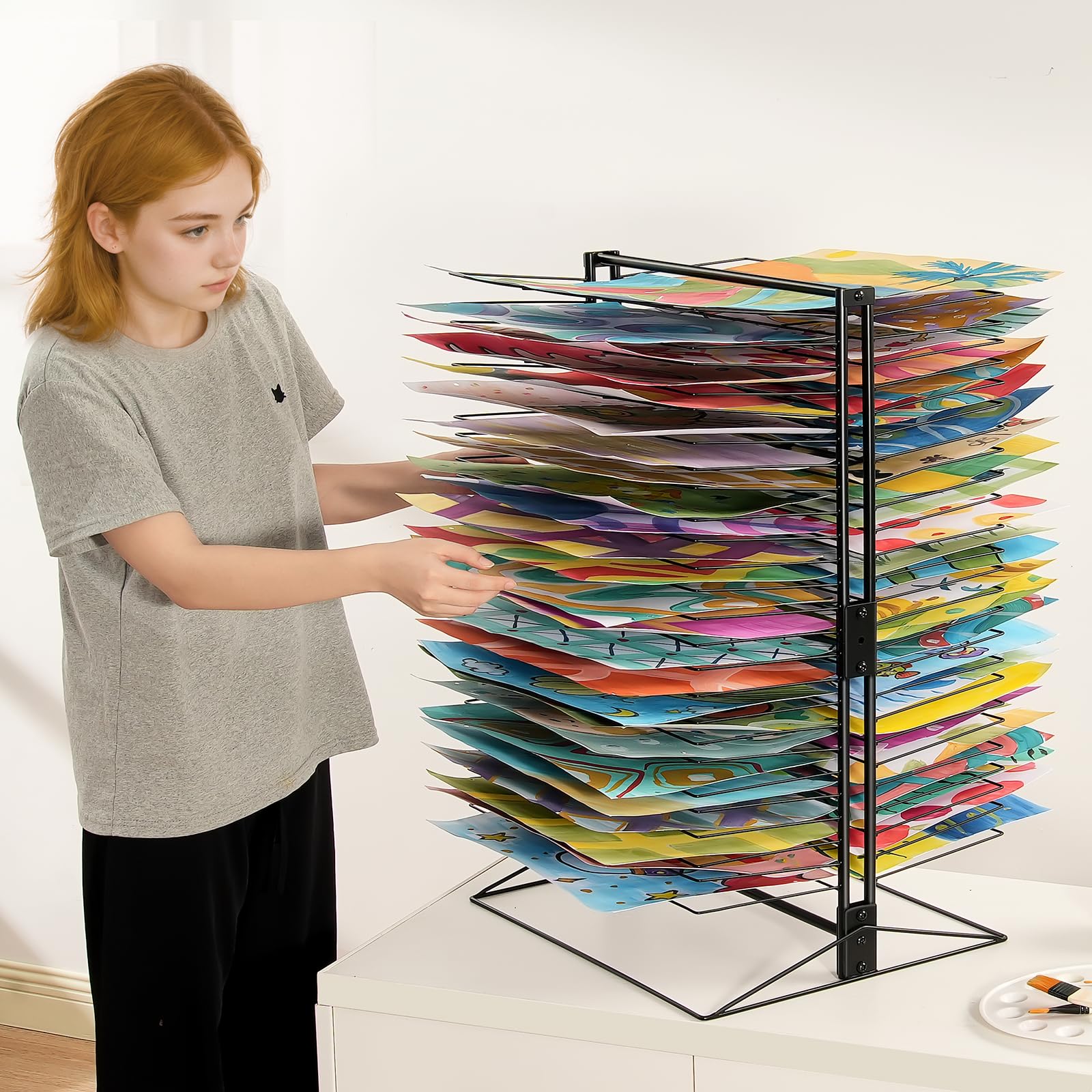 VEVOR Sèche-Dessins, Séchoir à Dessins 50 Étagères Amovibles, Support de Séchage d'Œuvre d’Art 508x432x762 mm, en Acier au Carbone, avec Base Stable, pour Salle de Classe, Studios d'art, Écoles, Noir