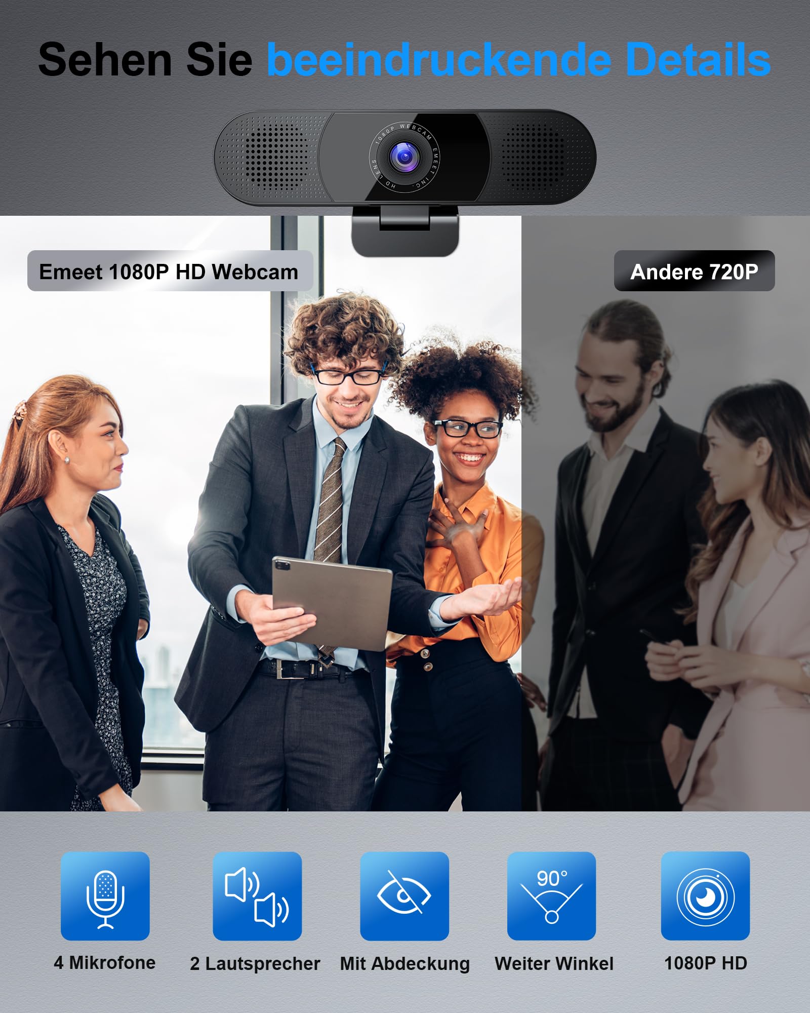 EMEET Webcam C980PRO, mit Mikrofon und Lautsprecher, mit Objektivabdeckung, 90 ° Sichtfeld, Autofokus, Plug & Play, Web Cam Ideal für PC, Teams, Konferenz