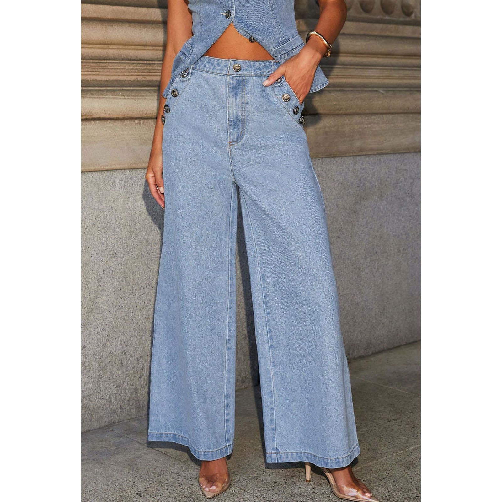 Completo in denim da donna, elegante, due pezzi, senza maniche, gilet e jeans con gamba larga, due pezzi, tinta unita, pantaloni larghi, pantaloni lunghi da festa, completo streetwear