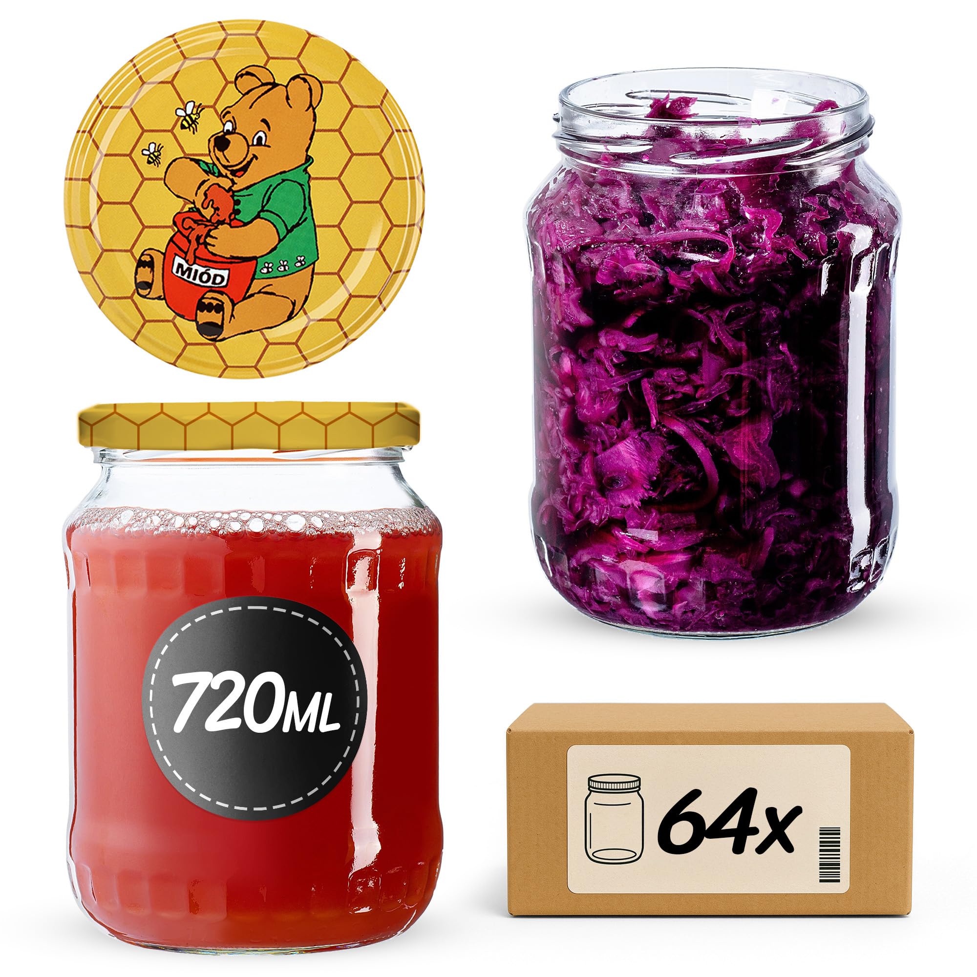 KADAX TO82 Winnie the Pooh - Juego de 64 tarros de cristal para conservas (720 ml, con tapa de rosca, para pepinos, verduras, levadura fermentada)