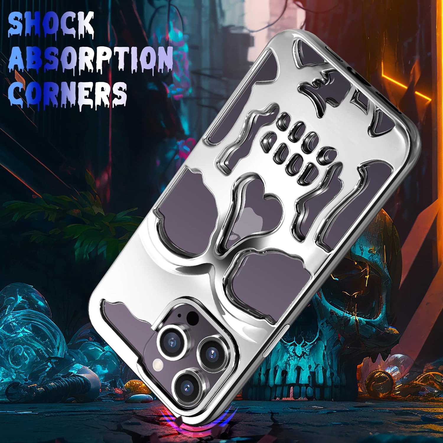 for iPhone 13 Pro Max Phone Case for Men Women, Cool Skull Skeleton Funny Gothic Hollow 13 Pro Max Cases for Boys Girls, Cute Hollowed Plated Shockproof Cover for 13 Promax Silver - Image 5