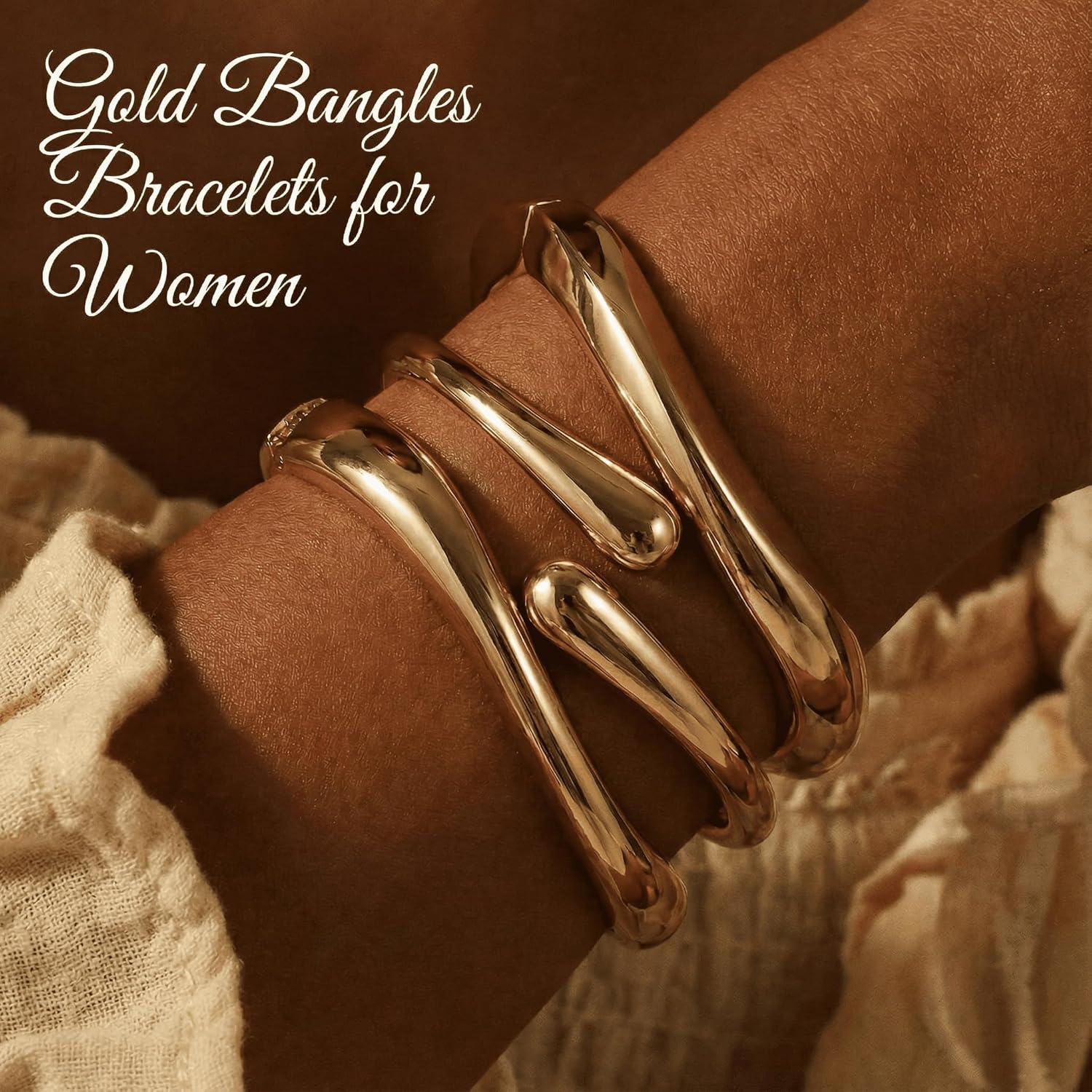 3 Pcs Gold Bangles Bracelets for Women Set, 18K Chunky Gold Plated Cuff Bangle Bracelet Stack, Waterproof Non Tarnish Big Twist Wide Stretch Bangles Fashion Jewelry Gifts for Women - Image 2