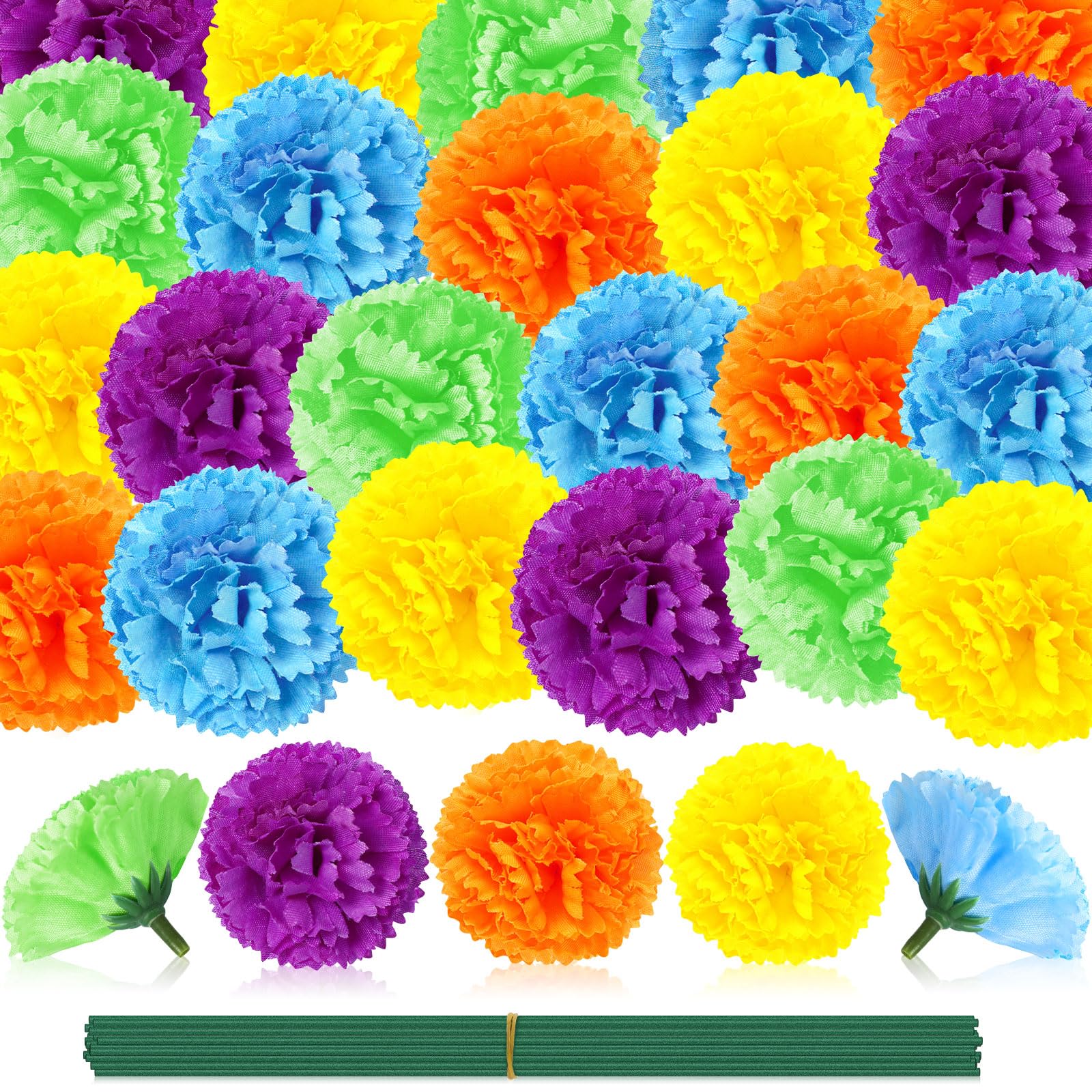 JUNEBRUSHS 60 Pcs Marigold Flower Heads Bulk, Mexican Artificial Marigold Flowers for Day of The Dead Decorations DIY Wreath Garland Craft Diwali Dia De Los Muertos Halloween Home Decor (Multicolor)