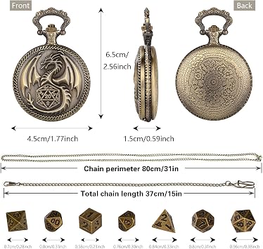Mini DND Dice Set Steampunk Dragon Pocket Watch Shell Case, 7pcs Polyhedral Metal D&D Dice Set, DND Gifts with Gift Box, Role Playing Board Games Accessories, Bronze