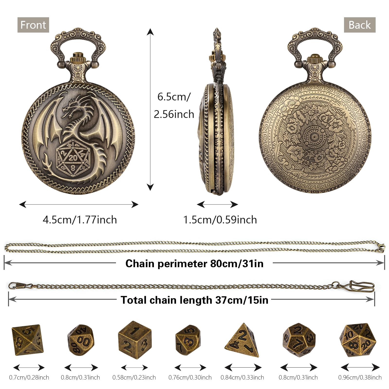 Mini DND Dice Set Steampunk Dragon Pocket Watch Shell Case, 7pcs Polyhedral Metal D&D Dice Set, DND Gifts with Gift Box - Image 4
