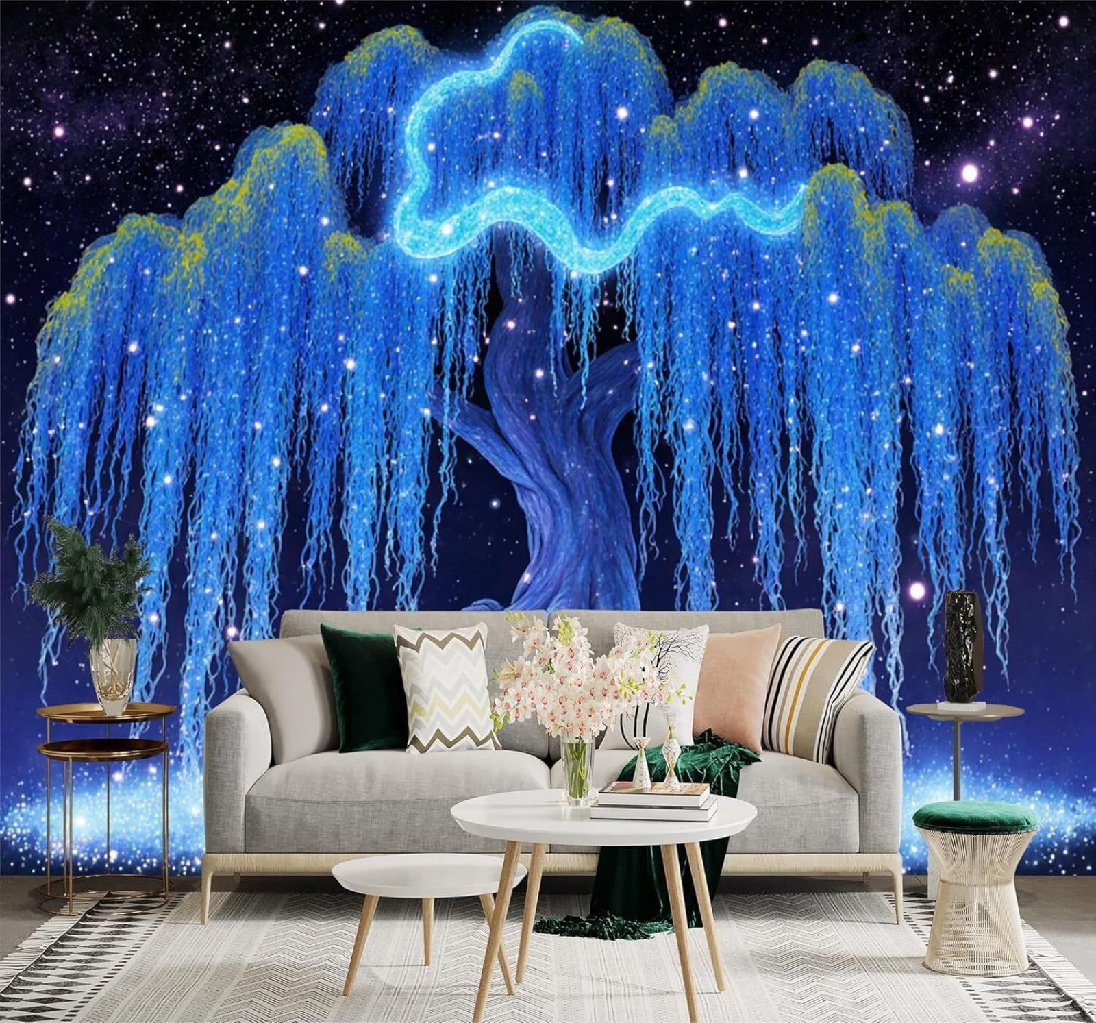 XLMING Ethereal Dreamlike Blue Willow Trees Starry Sky 3D Wallpaper Silky Texture Home Study Office Grey Dining Room Sofa Bedroom Living Room TV Backdrop-400cm×280cm