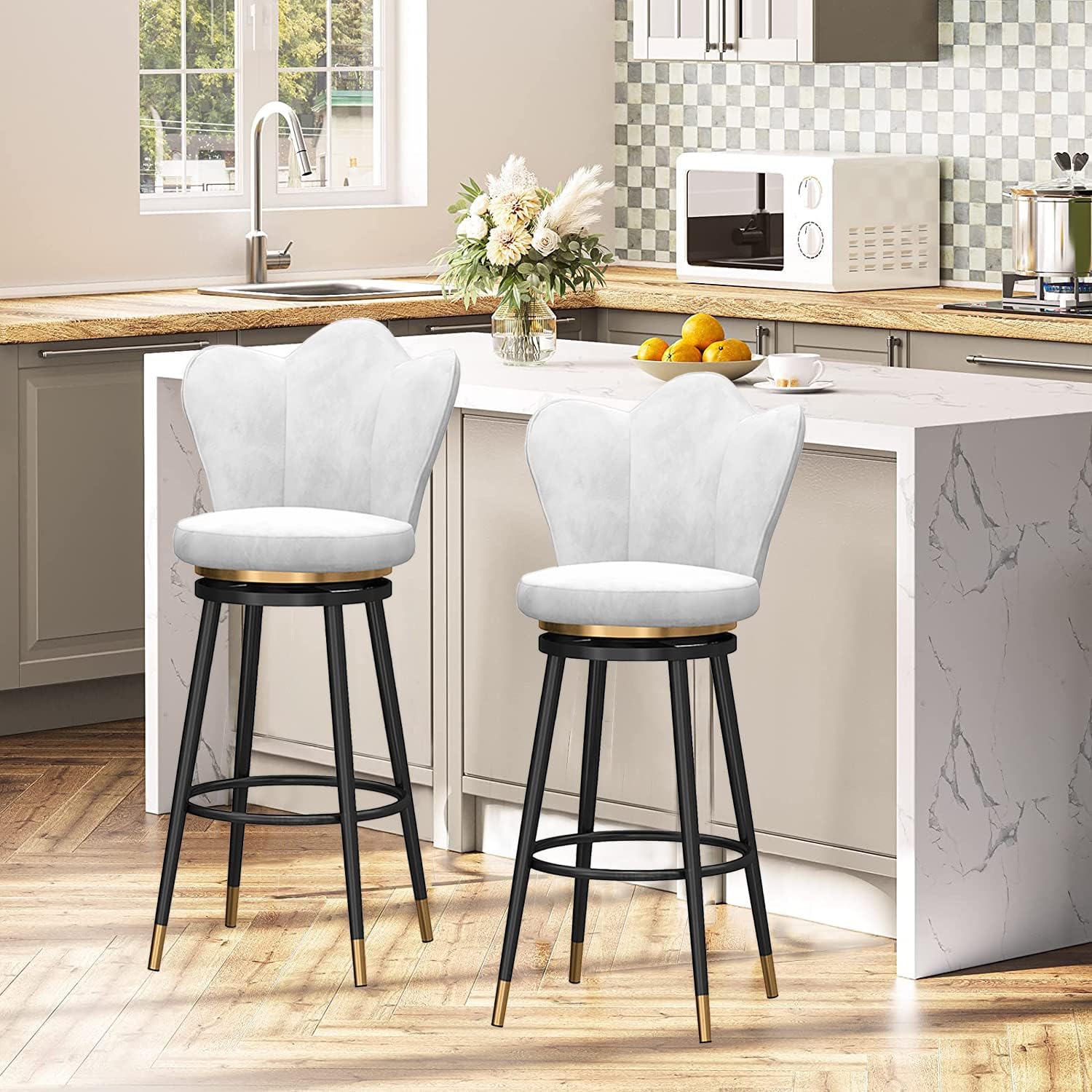 Bar Stools Set of 3 - Counter Height Bar Stools, Swivel Bar Stools with Backs, Velvetfor Kitchen Counter, Seat Height 75cm, White