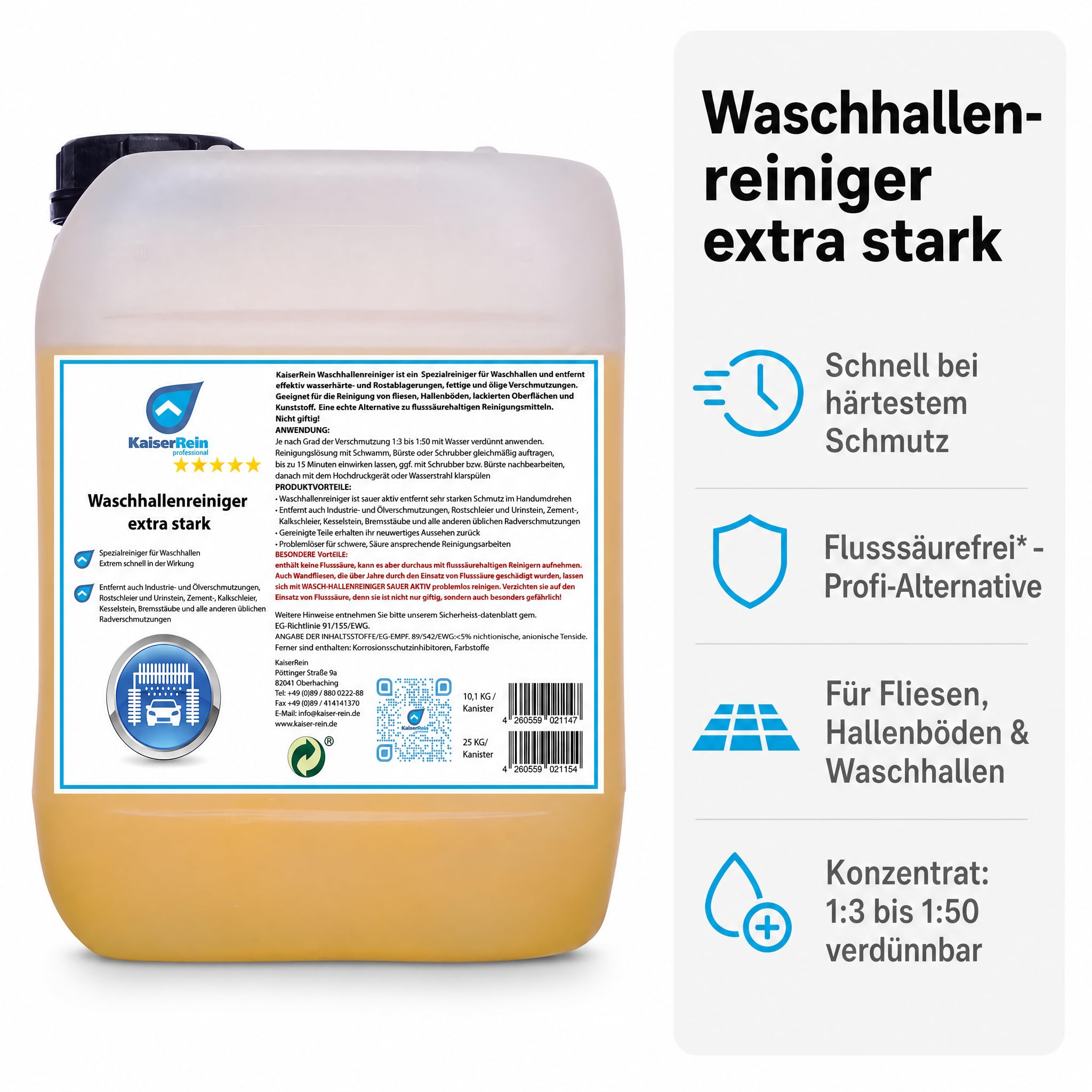 KaiserRein Fliesenreiniger Waschhallenreiniger Extra Stark, Zementschleierentferner und Bodenreiniger Konzentrat, Sauer Aktiv & Flusssäurefrei, für Waschhalle/Hallenboden/Fliesen, 10,1 kg Kanister