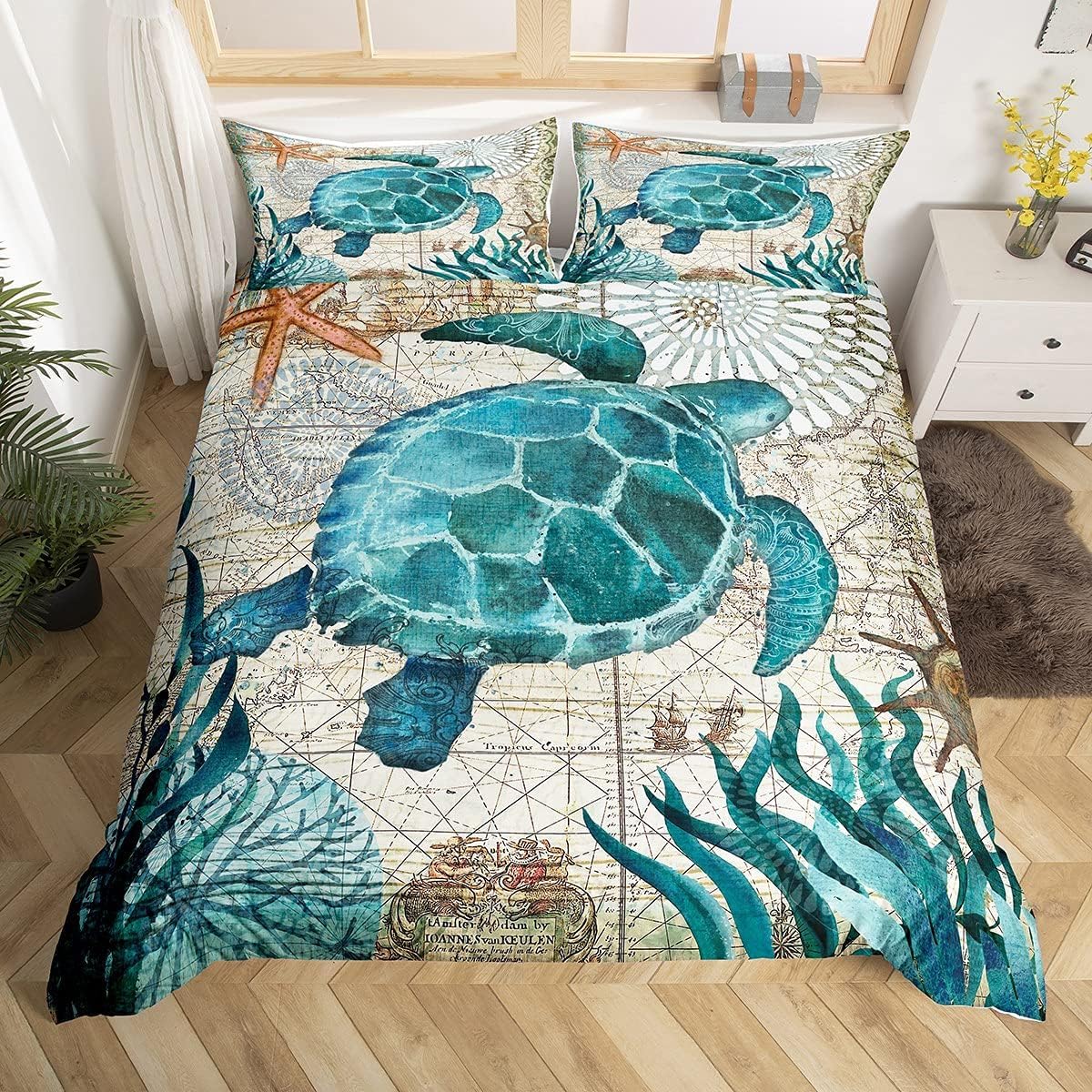 Fgolphd Watercolor Ocean Turtle Duvet Cover Set - Coastal Beach Bedding with Marine Life Design, Breathable & Durable Microfiber Bedding, for Sea Life Lovers single