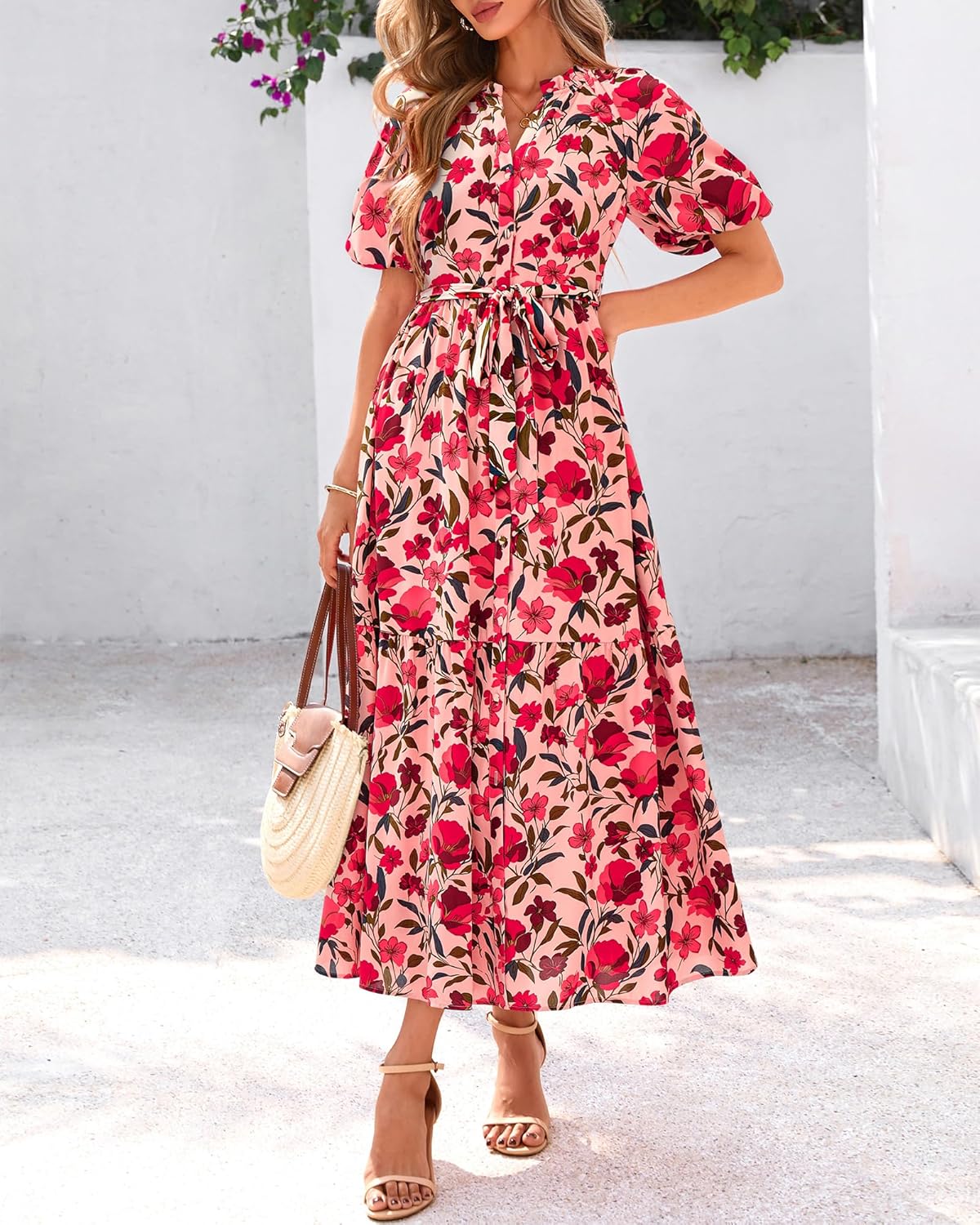 BTFBM Summer Dresses for Women 2026 Boho Short Sleeve V Neck Button Belt Flowy Spring Clothes Beach Vacation Maxi Dress - Image 5