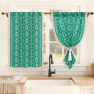 Yinhua Boho Kitchen Curtains 36 Inch Length Vintage Linen Cafe Curtains Light Filtering Bohemian Floral Tier Rod Pocket Farmhouse Rustic Tassel Small Drapes with Tiebacks, 2 Panels, Teal