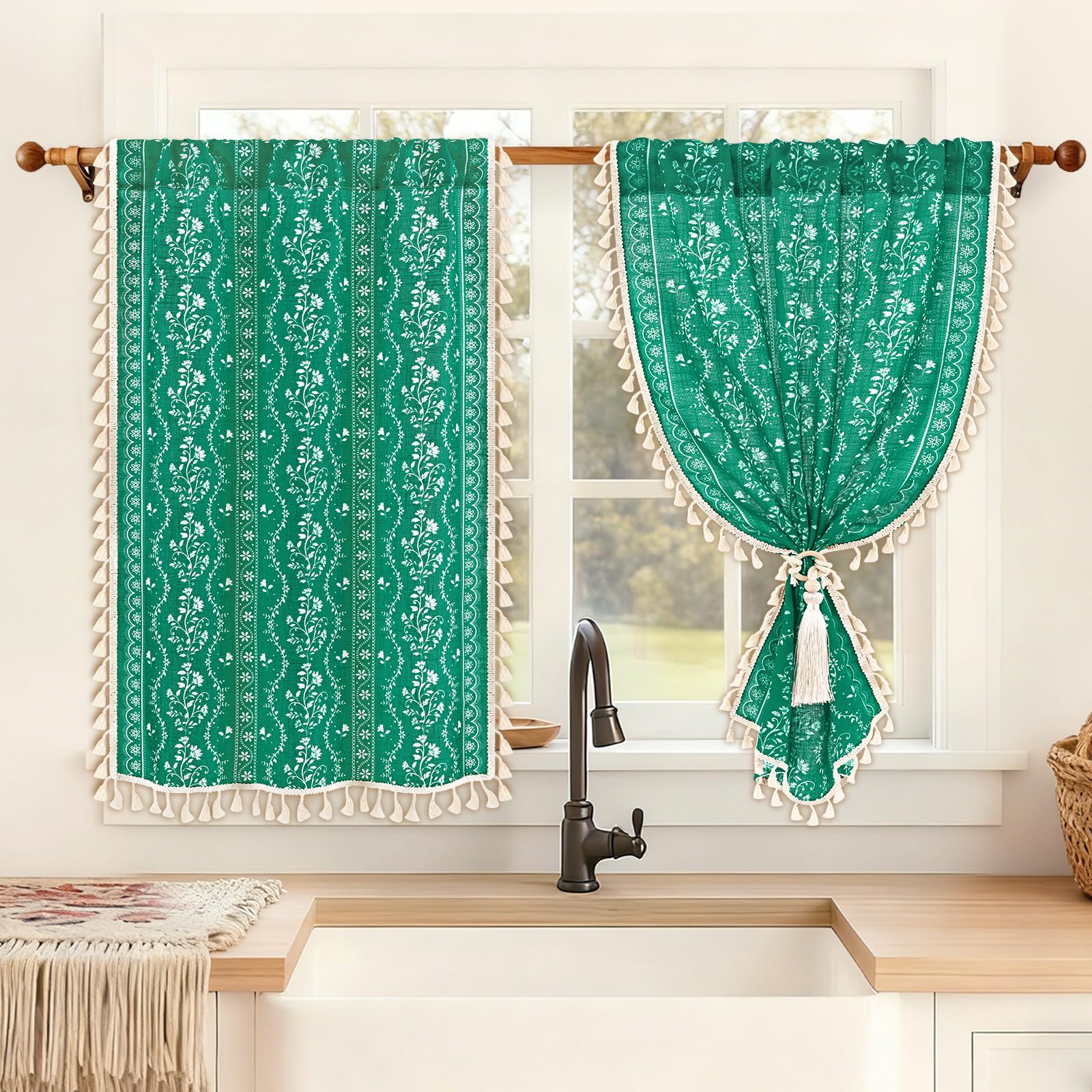 Yinhua Boho Kitchen Curtains 36 Inch Length Vintage Linen Cafe Curtains Light Filtering Bohemian Floral Tier Rod Pocket Farmhouse Rustic Tassel Small Drapes with Tiebacks, 2 Panels, Teal