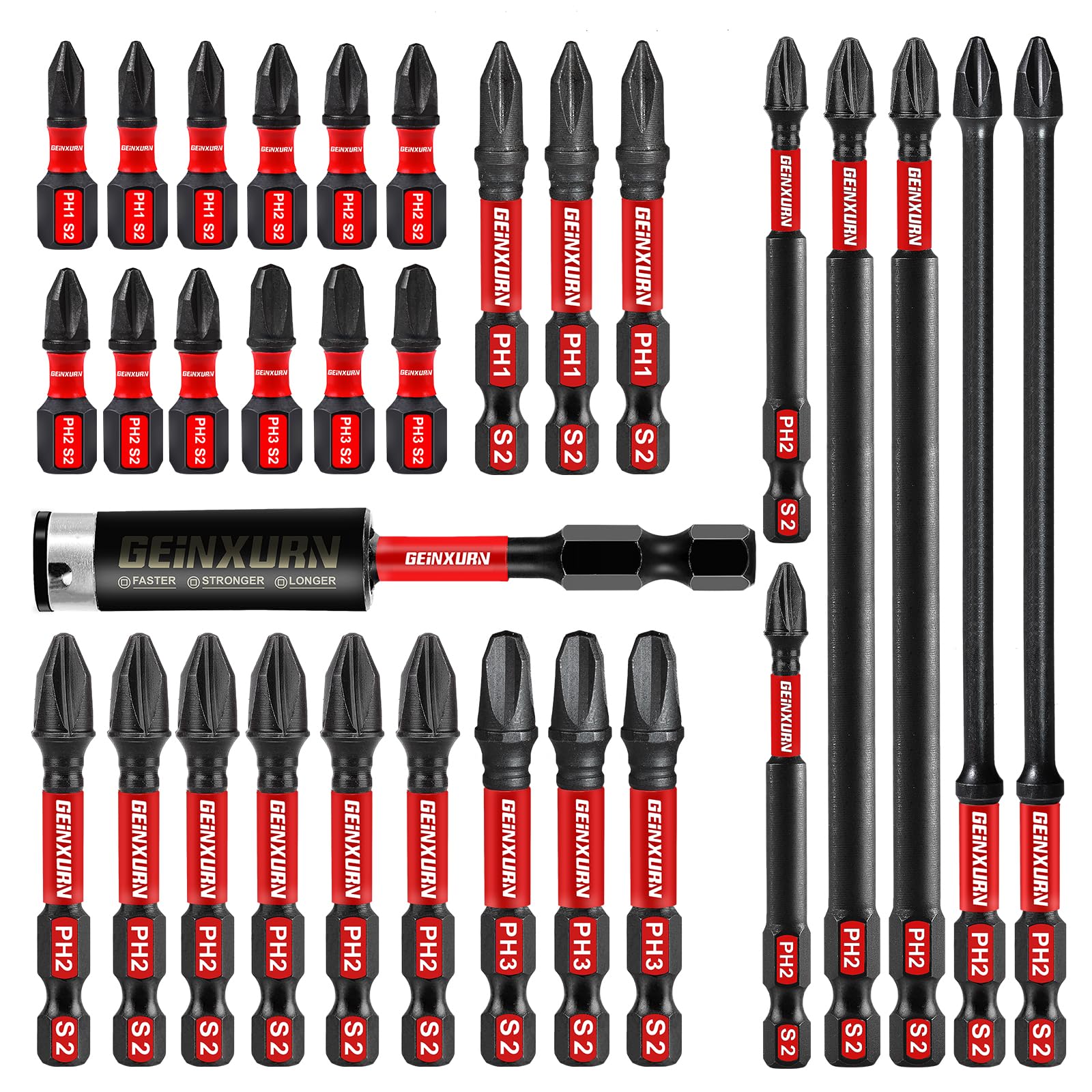 Geinxurn Schlagfester Schrauberbitsatz Phillips Bit Set, 30 Stück PH2 PH1 PH3 1/4 zoll Sechskantschaft S2 Legierter Stahl Schrauber Bit Treiberbits mit 1 Stück 60mm Magnetisch Bit-Halter, Bulk