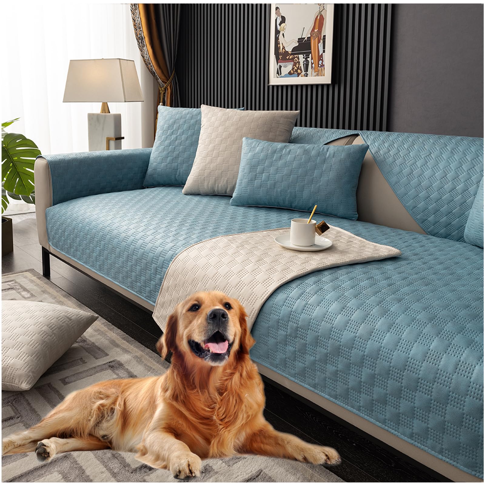 Housse de canapé extensible bleu anti-rayures universelle 1 2 3 4 places