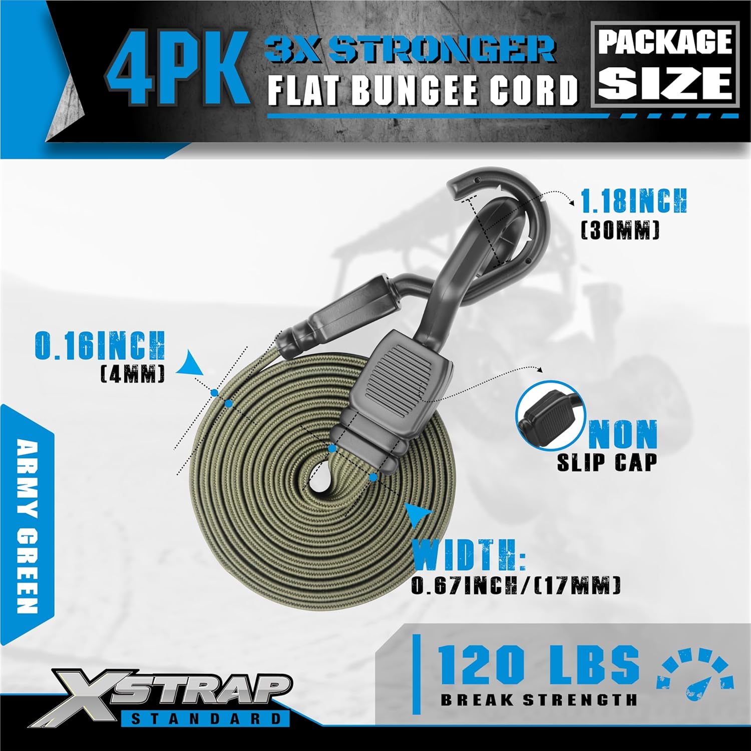 XSTRAP STANDARD 4PCS Adjustable Bungee Cords with Hooks 77 Inch, Heavy Duty Flat Tarp Straps Elastic Bungee Cords for Cargo, Luggage, Camping, and Outdoor Use, Army Green