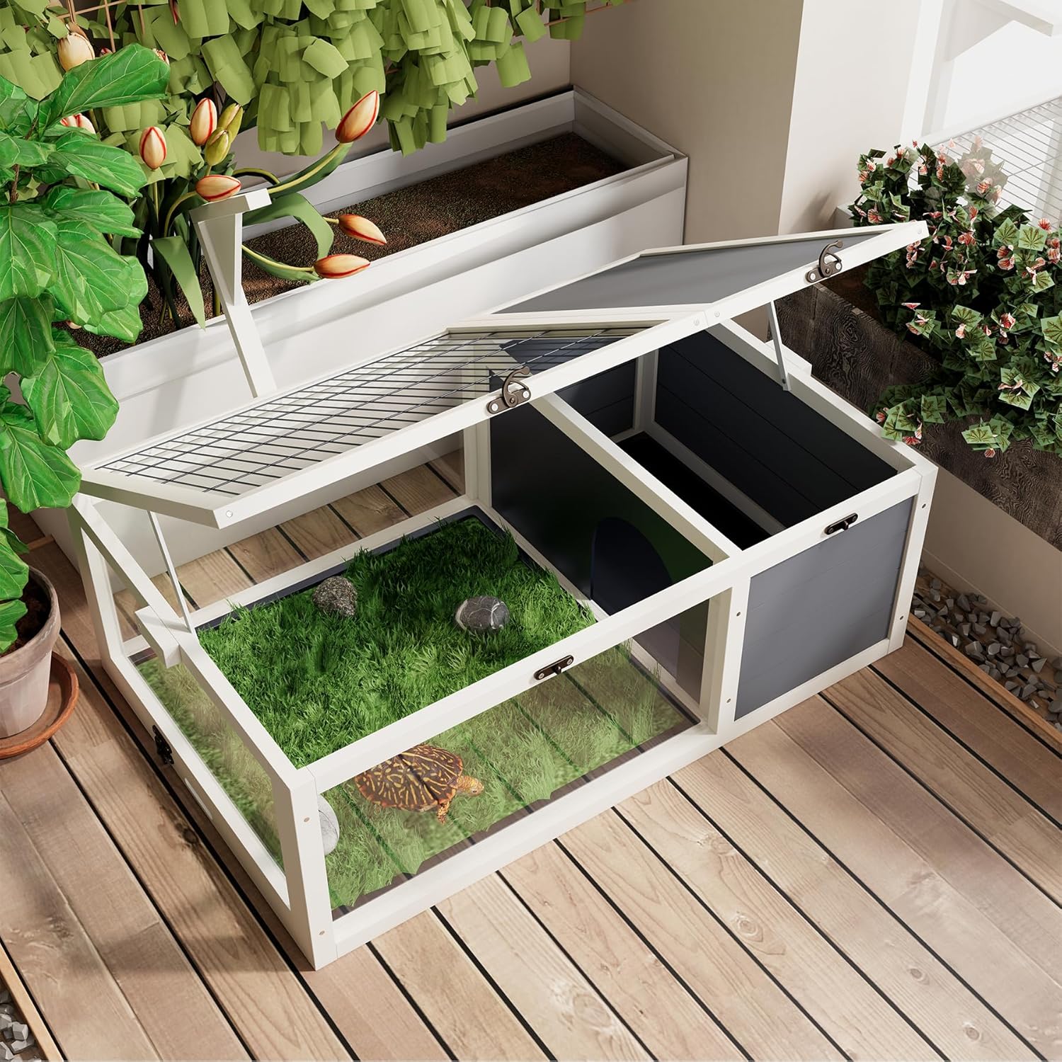 Turtle Habitat Enclosure, Large Wooden Tortoise House for Indoor and Outdoor Use, Reptile Enclosure with Openable Roof & Secure Locking System (White)