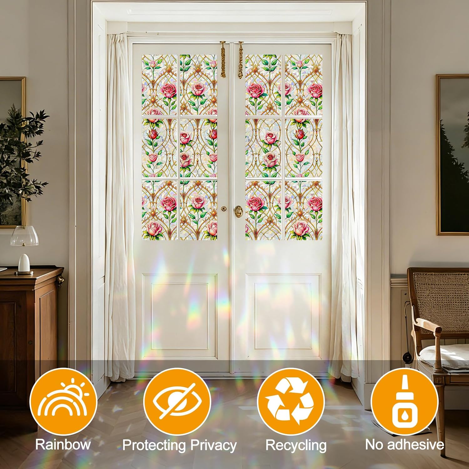 Rainbow Static Cling Window Film, Stained Glass Privacy Film with Rose Pattern, Anti-Glare UV Protection, Removable Decorative Window Clings for Home/glass door (Vintage Rose, 35.4 x78.7 in)