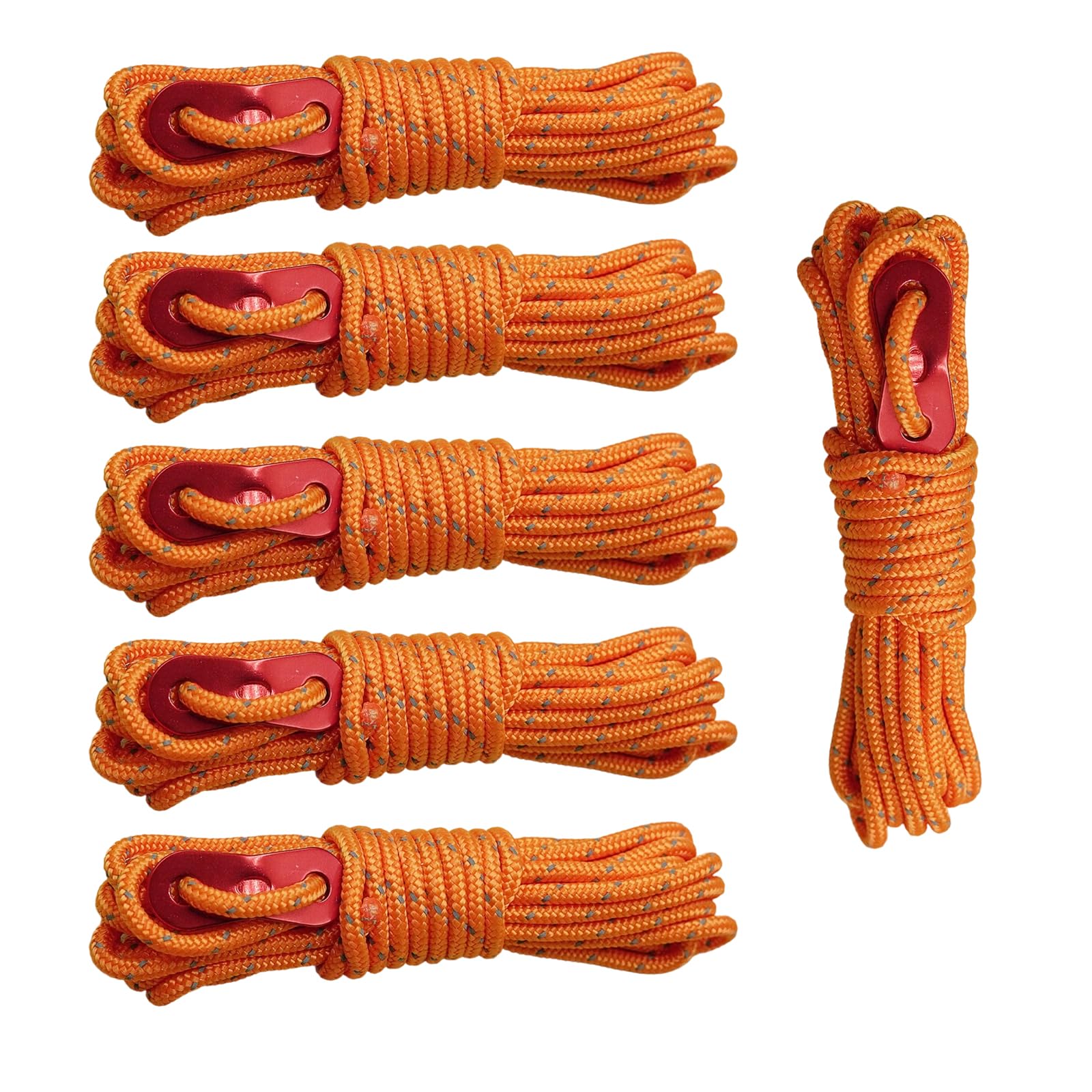 Skyzone 6 Pack Reflective Ropes - 4mm x 4M Camping Guide Ropes with Tensioner, Weatherproof Reflective Cord for Tents, Hammocks, Tarps, Outdoor Survival Gear (Orange, 4mm)