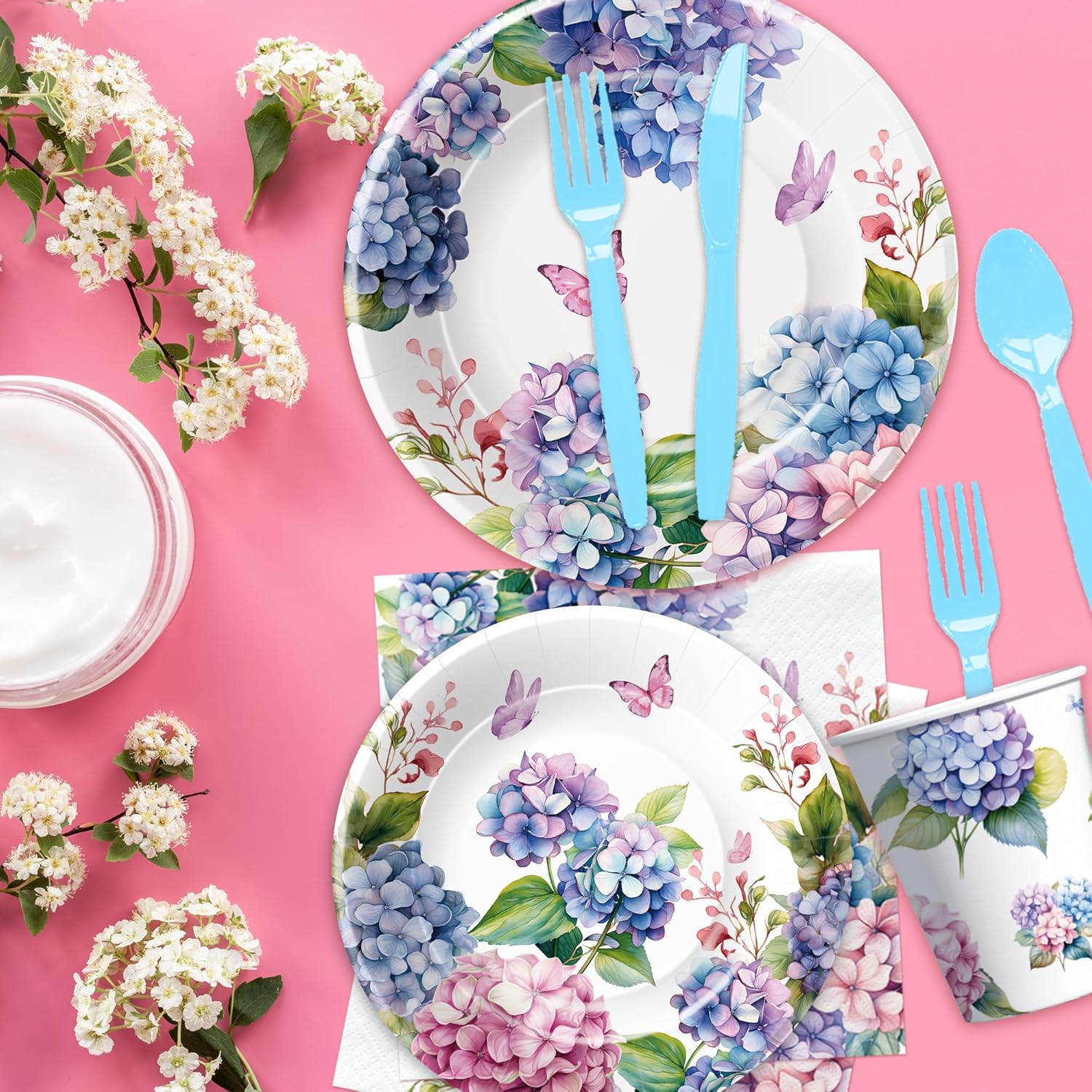 Hydrangea Floral Plates and Napkins Party Supplies - Paper Plate, Cup, Napkin, Fork - Flower Hydrangea Birthday, Bridal, Baby Shower, Wedding Decorations | Serve 24 (Pack of 2)