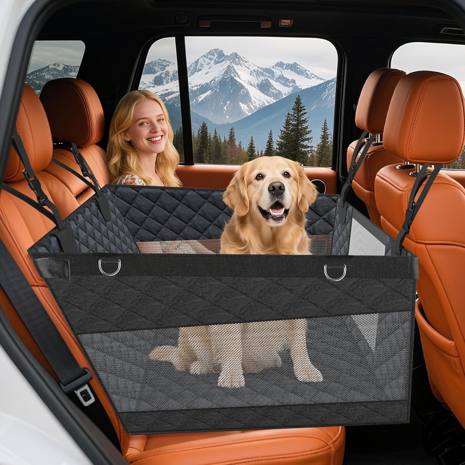 Dog Car Seat for Large Medium Dogs - Dog Hammock for Car SUV Truck - Waterproof Non-Slip Pet Carseat for Medium Sized - Hard Bottom Back Seat Extender for Dogs