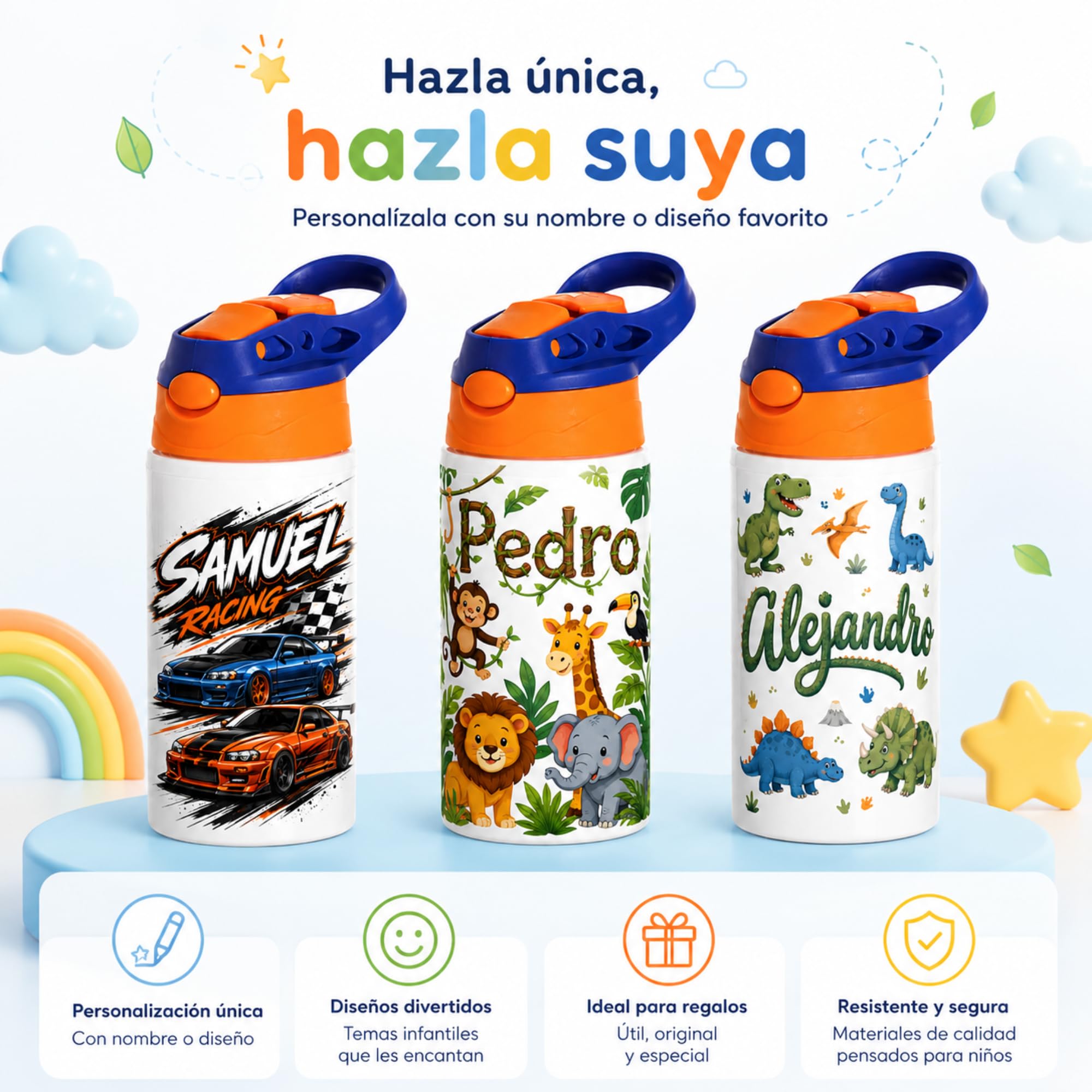 Botella Infantil Personalizada con Foto y Texto - Boquilla de silicona y boton de apertura - 500 ml de capacidad - Regalo Original - Botella Personalizada - Botella de agua niños (Naranja/Violeta)