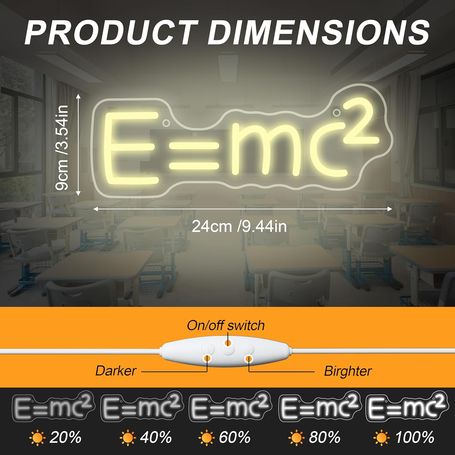 Mass Energy Equivalence E=mc² Neon Sign, Neon Lights for Classroom Decor Science decor, Adjustable LED Sign for Science Themed Gifts Study ldeal Gift with USB Powered