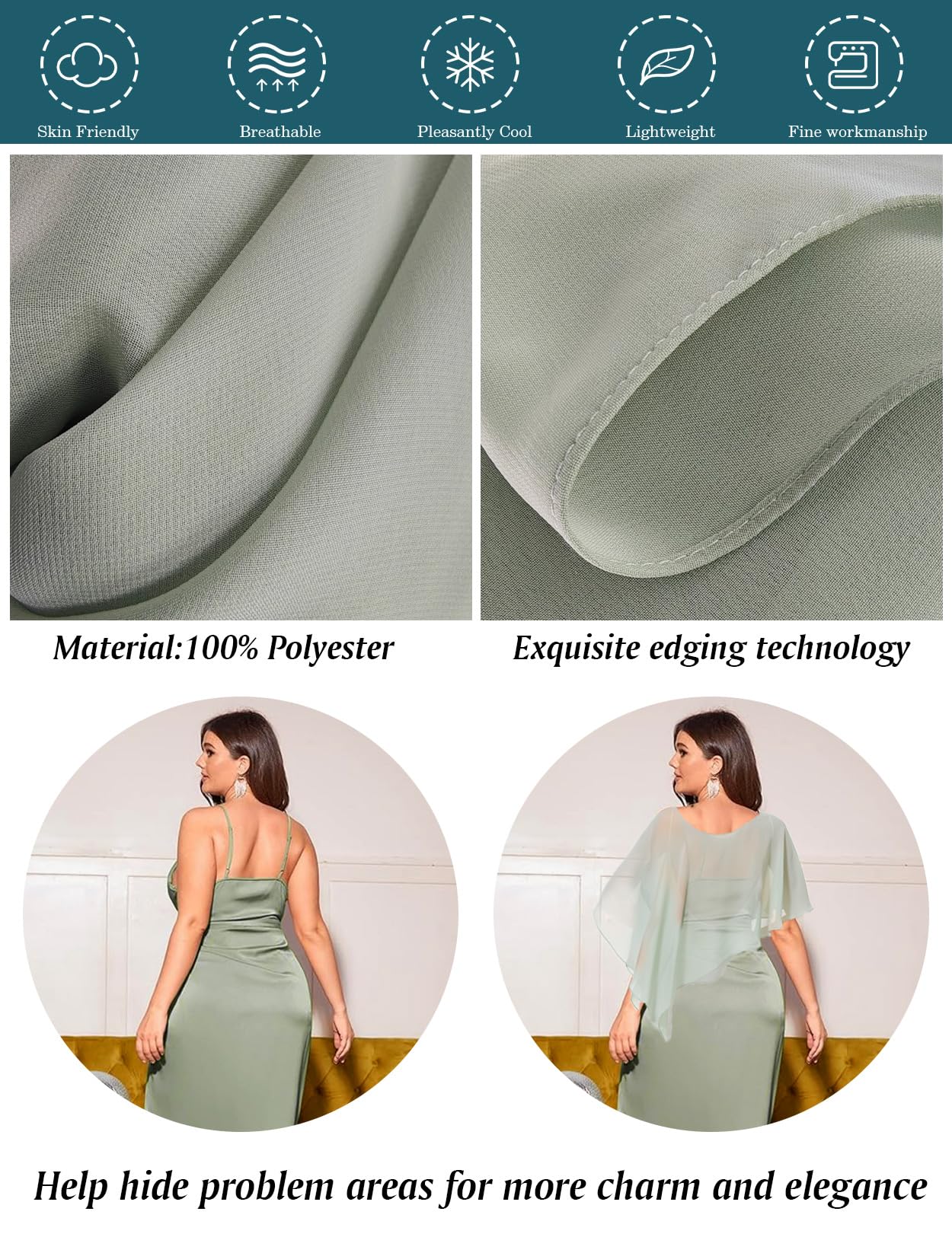 BEAUTELICATE Damen Chiffon Schal Stola Elegant Poncho Cape Brautjacket für Sommer Hochzeits Festlich Abendkleid (Asymmetrische - Salbeigrün, Einheitsgröße)