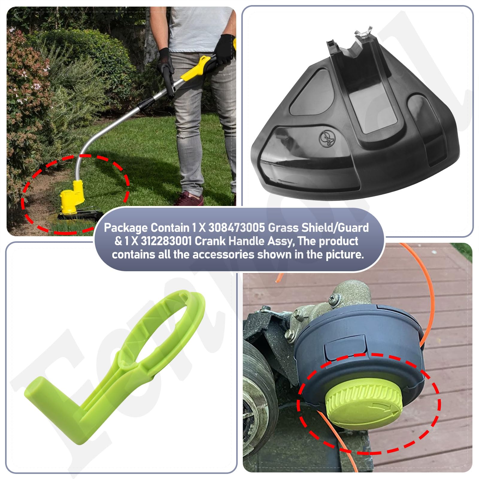 Fennoral Protector de césped 308473005 compatible con Ryobi RY253SS, UT33650B recortadora de eje recto, mango de manivela 312283001 para Ryobi Troy-Bilt Echo P2009, RY252CS, RY253SS, RY251PH,