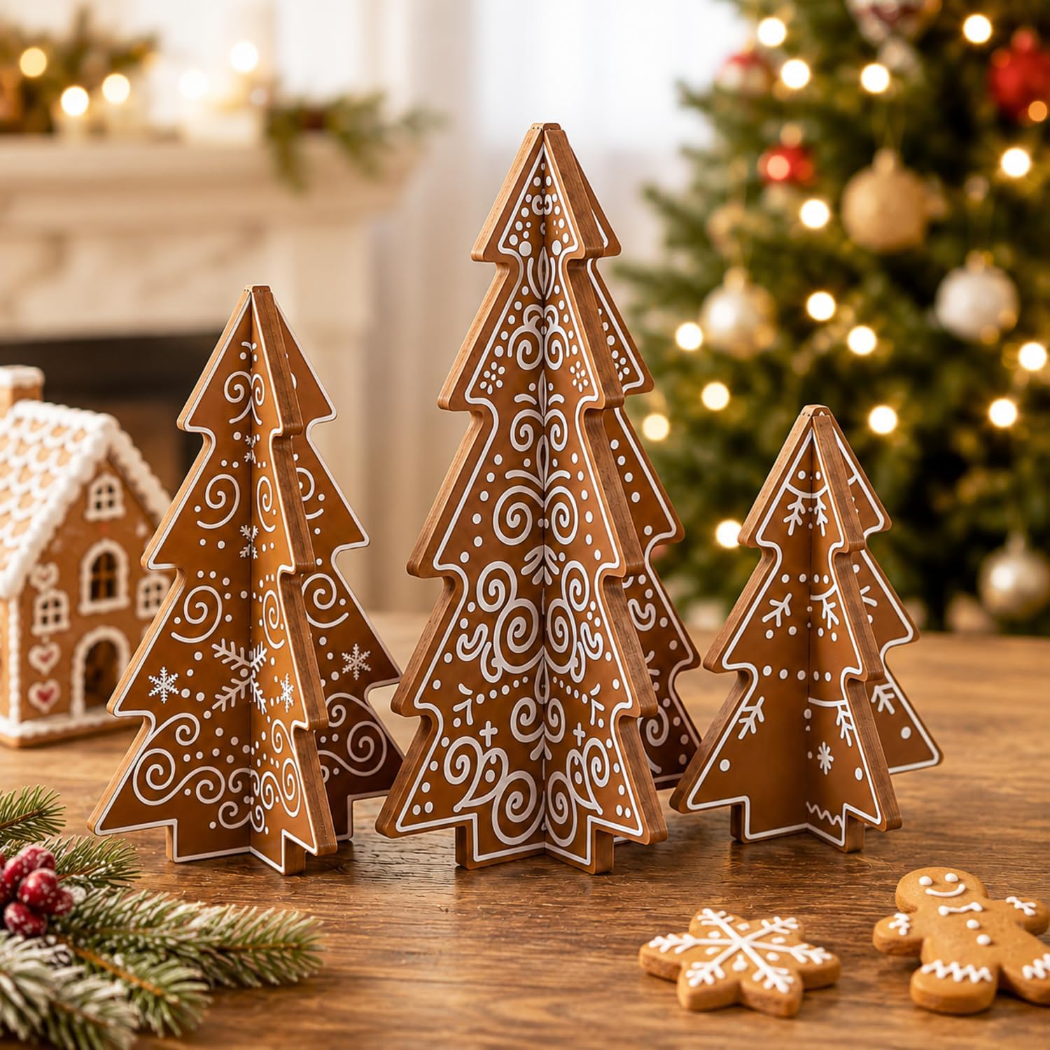 Chumia 3 Pcs Wooden Gingerbread Christmas Tree Decor, 3D Tabletop | Rustic Farmhouse Wood Ornaments, Vintage Centerpiece for Xmas Table, Assembled Tree Design, Festive Holiday Display Set