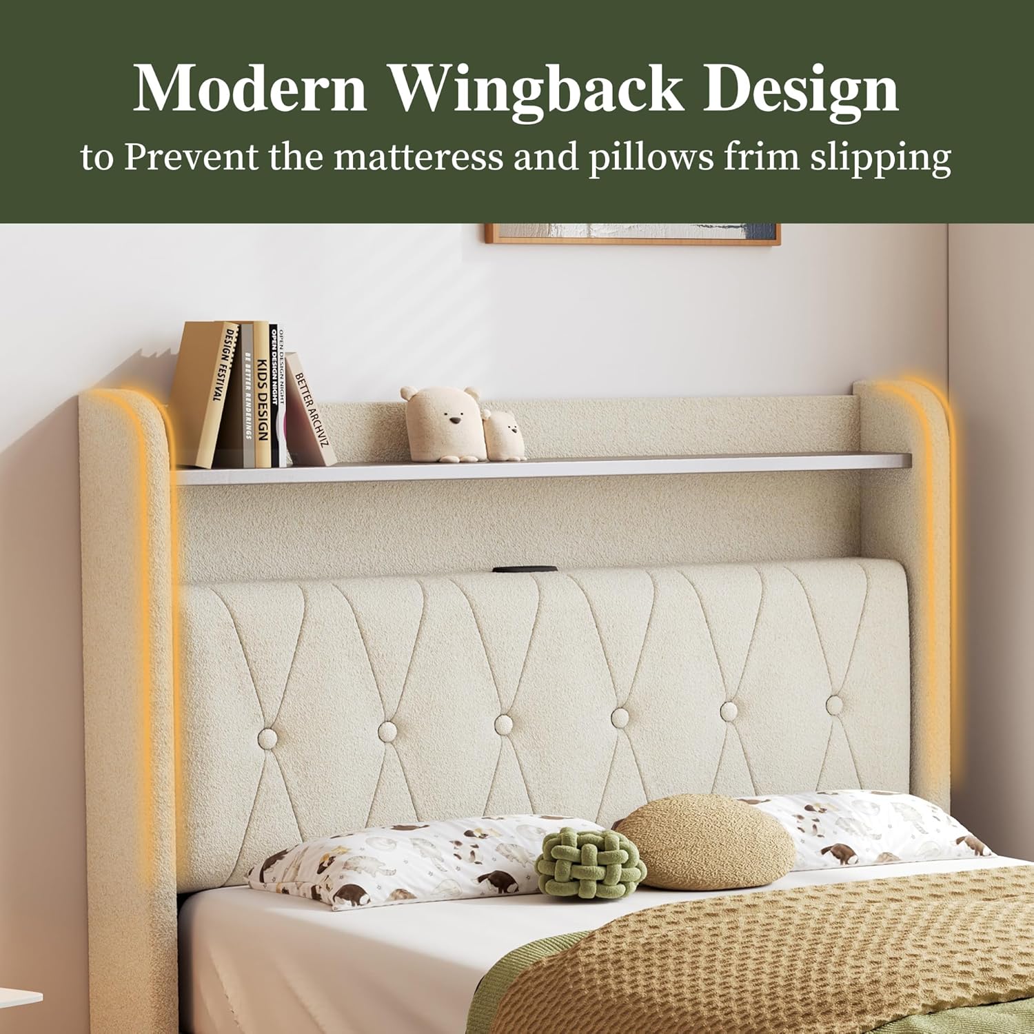 Twin Size Bed Frame with Storage Drawer, Upholstered Platform Bed with LED Lights, USB Charging Station & Button Tufted Headboard, Easy to Assemble, Noise Free, Beige