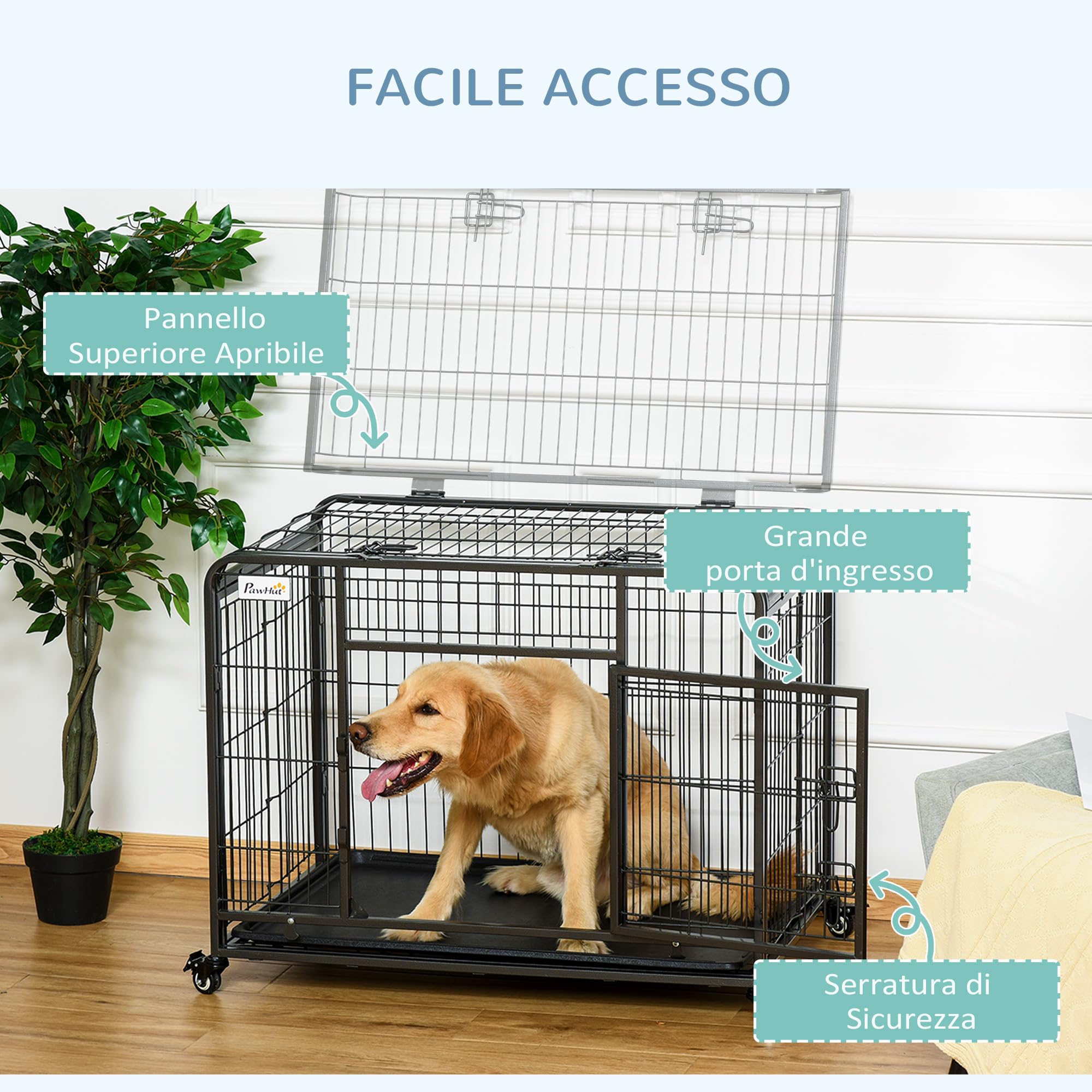 PawHut Kennel Gabbia per Cani Pieghevole a Doppia Porta con Blocco, Box per Cani con 4 Ruote con Freno e Fondo Rimovibile, 94x58x69.5 cm, Grigio Scuro