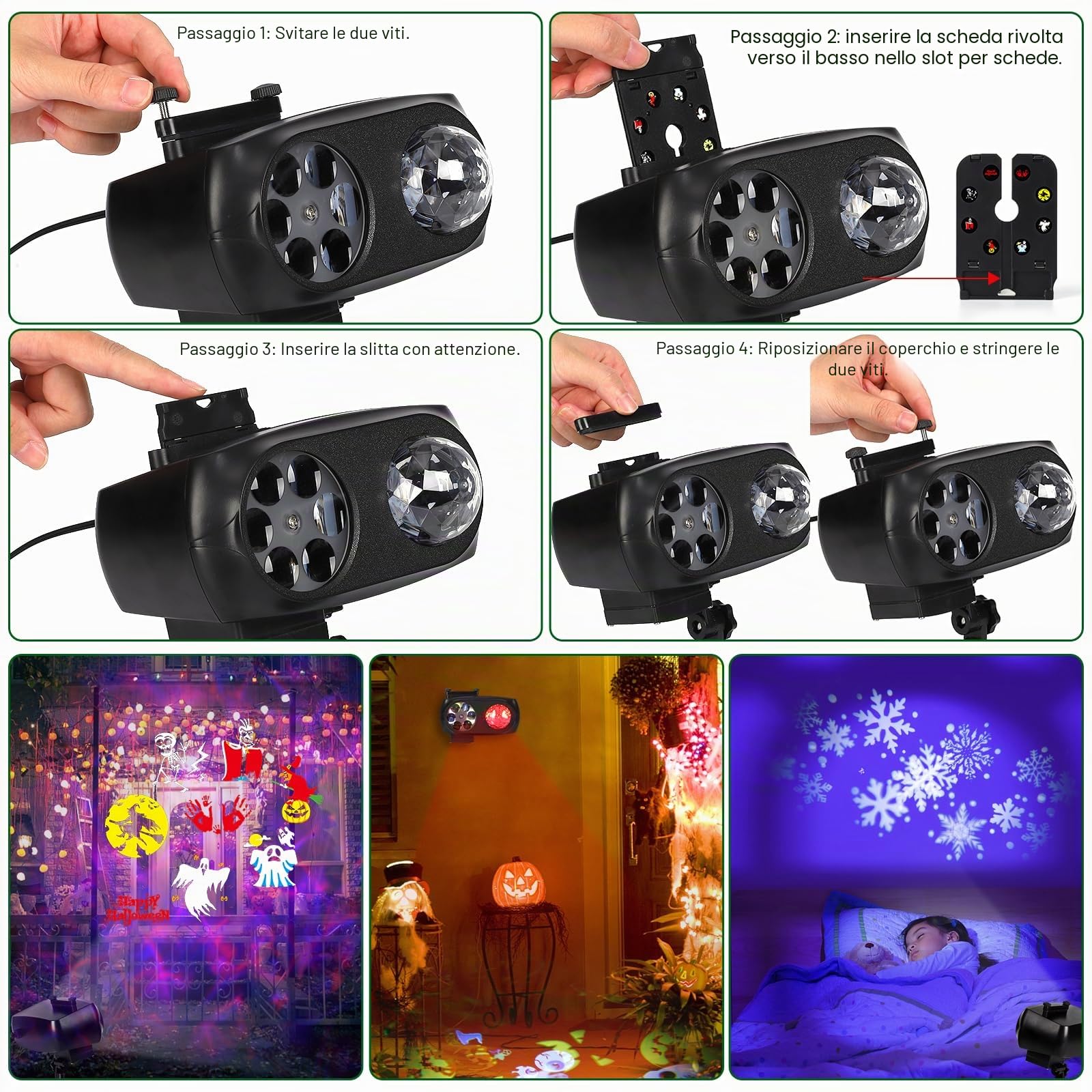 Proiettore Halloween & Natale, 4/6/8 Modalità, 15W, 20 Fogli, Impermeabile, 10 Colori, Onda Oceanica LED, Telecomando per Feste di Deco