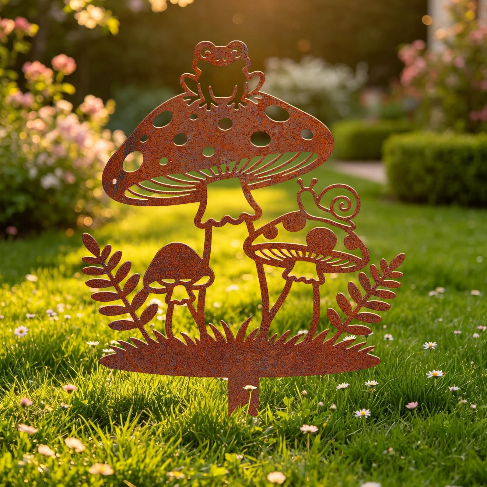 CUTHOLLOW Mushroom Rusty Metal Garden Stakes, Yard Art Decor