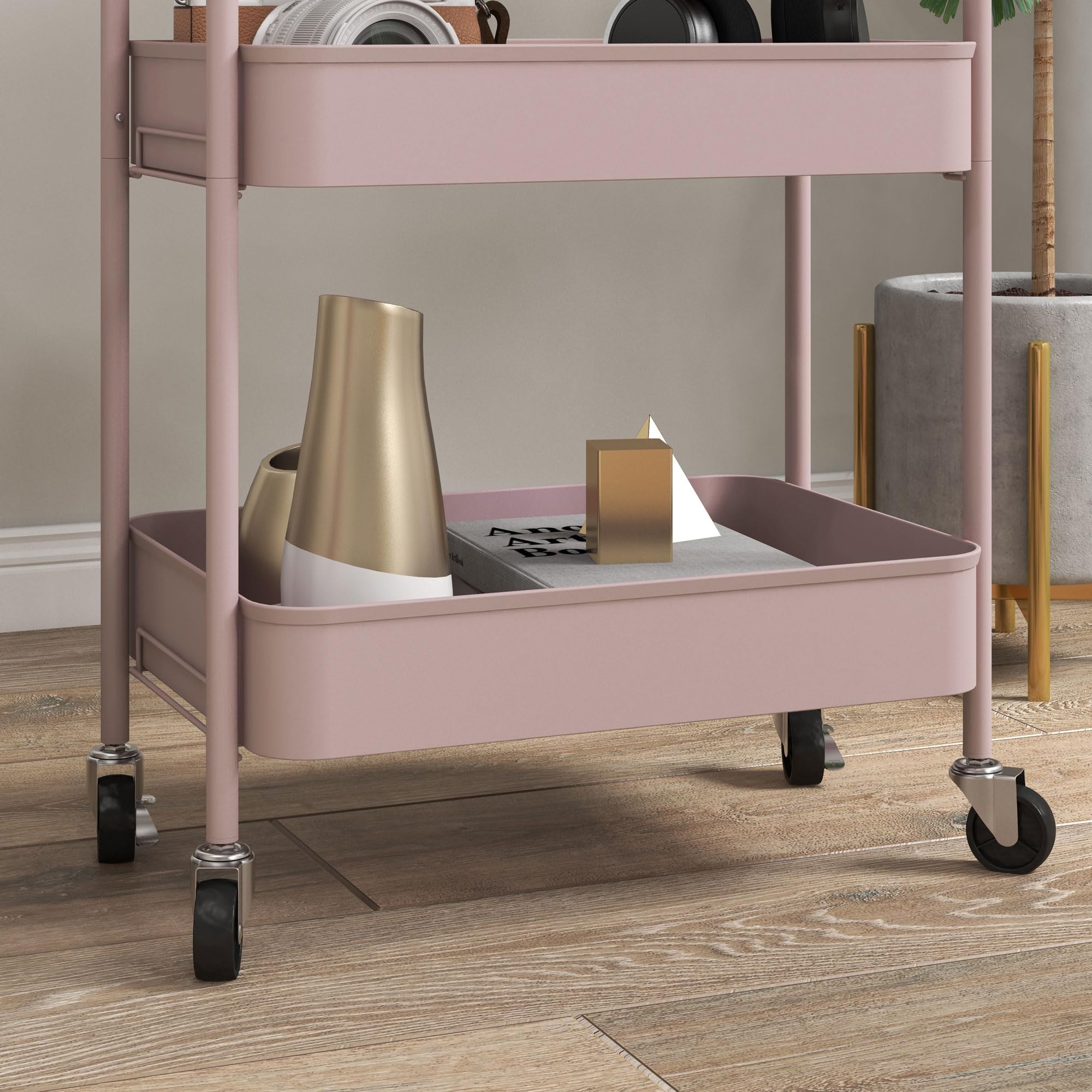 HOMCOM Carrello da Cucina a 3 Livelli con Maniglie e 4 Rotelle, Carrello Portaoggetti in Acciaio, per Ufficio, Soggiorno, Cucina, 45x30.6x79 cm, Rosa
