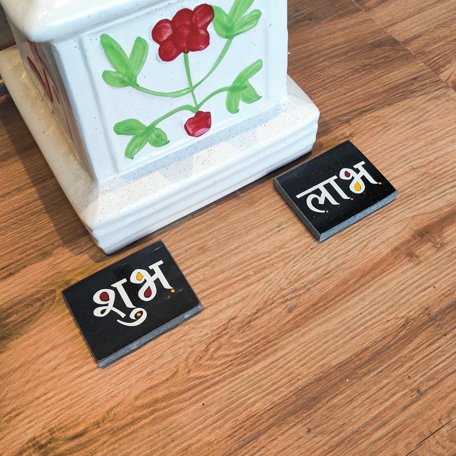 CHITRASHILA® Chaitrangan Rangoli on Granite Tiles, Traditional Printed Vastu Items for Home Decor, Pooja Mandir, Door Entrance | Ready-to-Use & Low Maintenance 4X3 inches (Shubh-Labh)