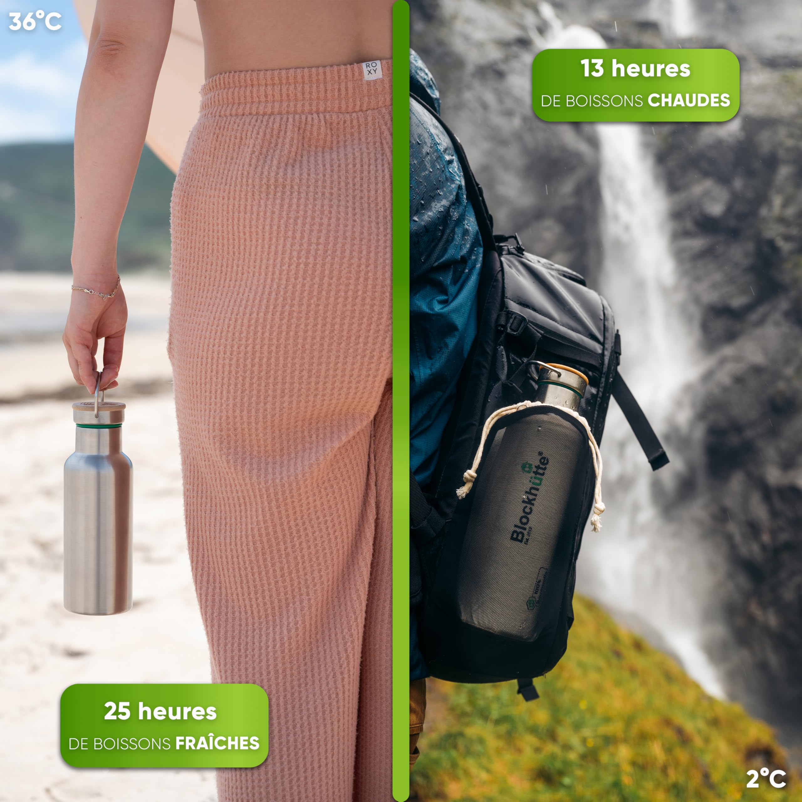 Blockhütte Gourde isotherme en acier inox, bouteille isotherme, bouteille d'eau anti-fuite I la gourde thermos passe au lave-vaisselle I pour l'université, bureau, enfants et adultes