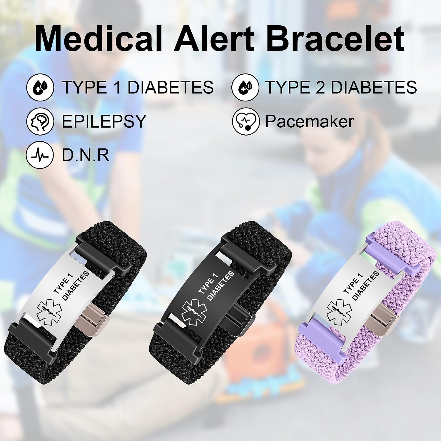 Medical Alert Bracelet for Women Men, Medical Alert ID Adjustable Wristband Braided Stretchy for Diabetic D.N.R Pacemaker Epilepsy