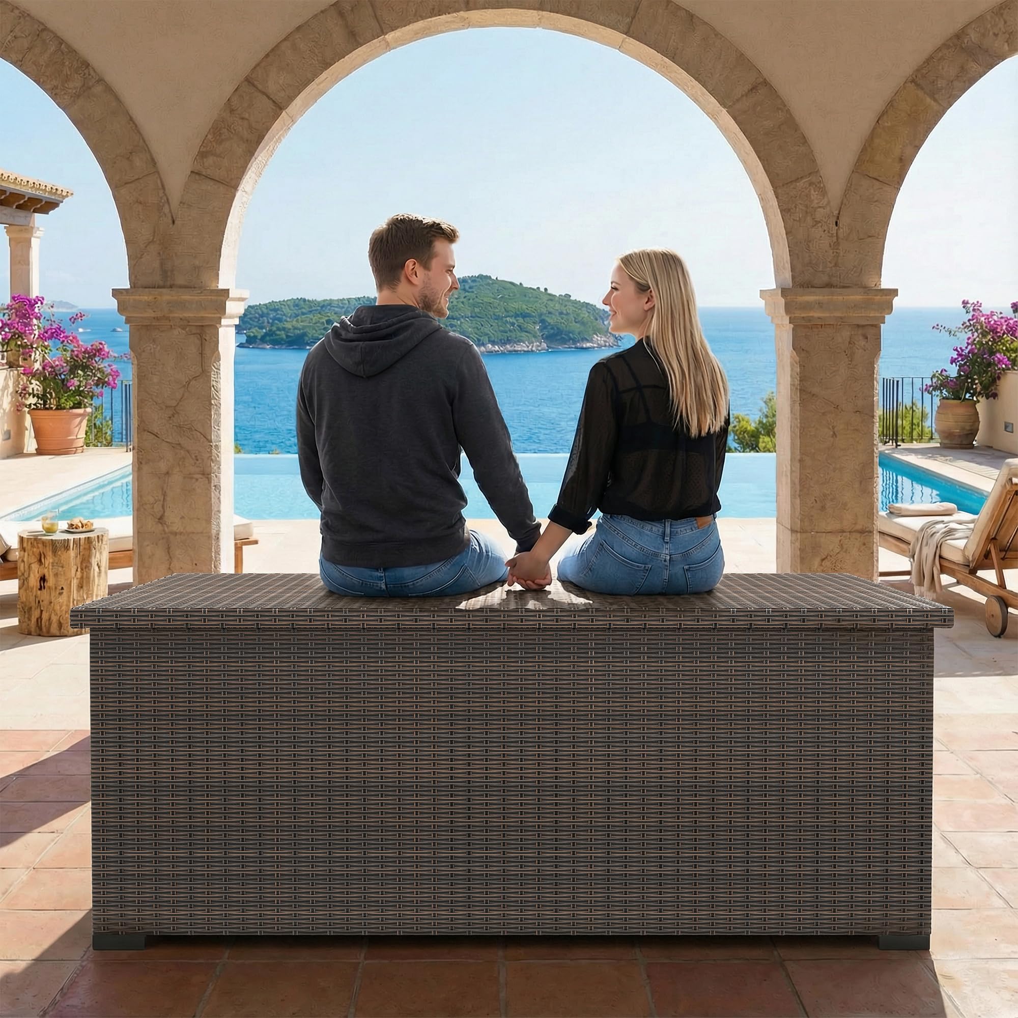 UDPATIO Gartenbox Wasserdicht 870L, Aufbewahrungsbox Garten XXXL, Auflagenbox Wetterfest, Kissenbox Outdoor mit Deckel, Gasdruckfedern, ideal für Garten, Terrasse & Balkon | Braun