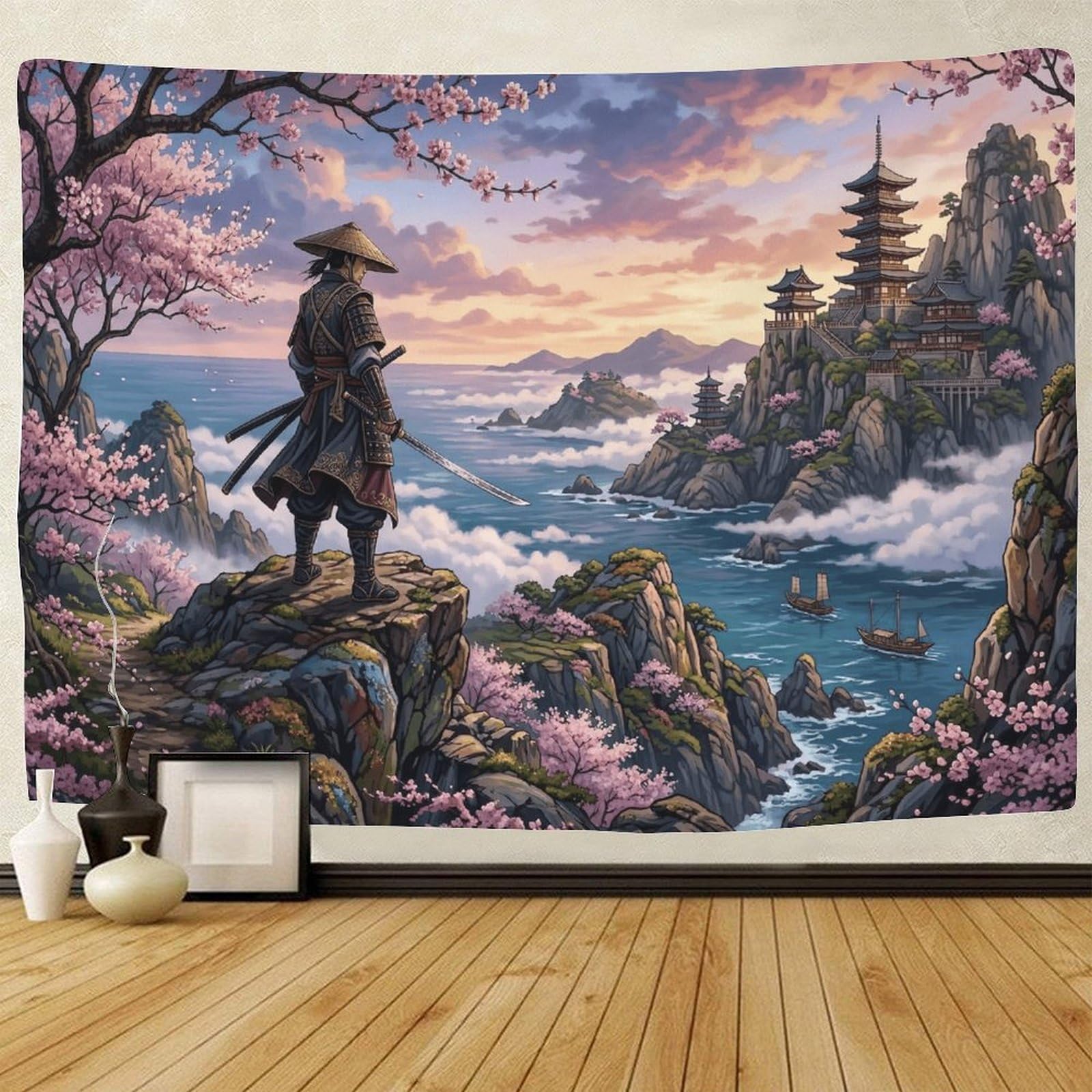 GPMNBCXZK Japanese Samurai 3D Printed Wall Art Cherry Blossom Decoration Living Room Dorm Bedroom Tapestry 150cmx200cm