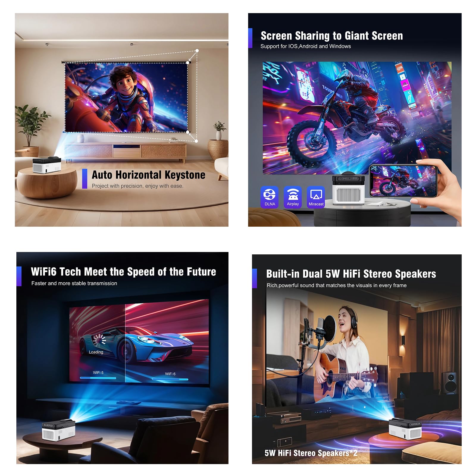Projektor 900 ANSI Full HD 1080P, obsługa 8K/4K, Android 11, WiFi 6, Bluetooth 5.4, ultra krótki throw, autofokus, przenośne kino domowe z głośnikami HiFi